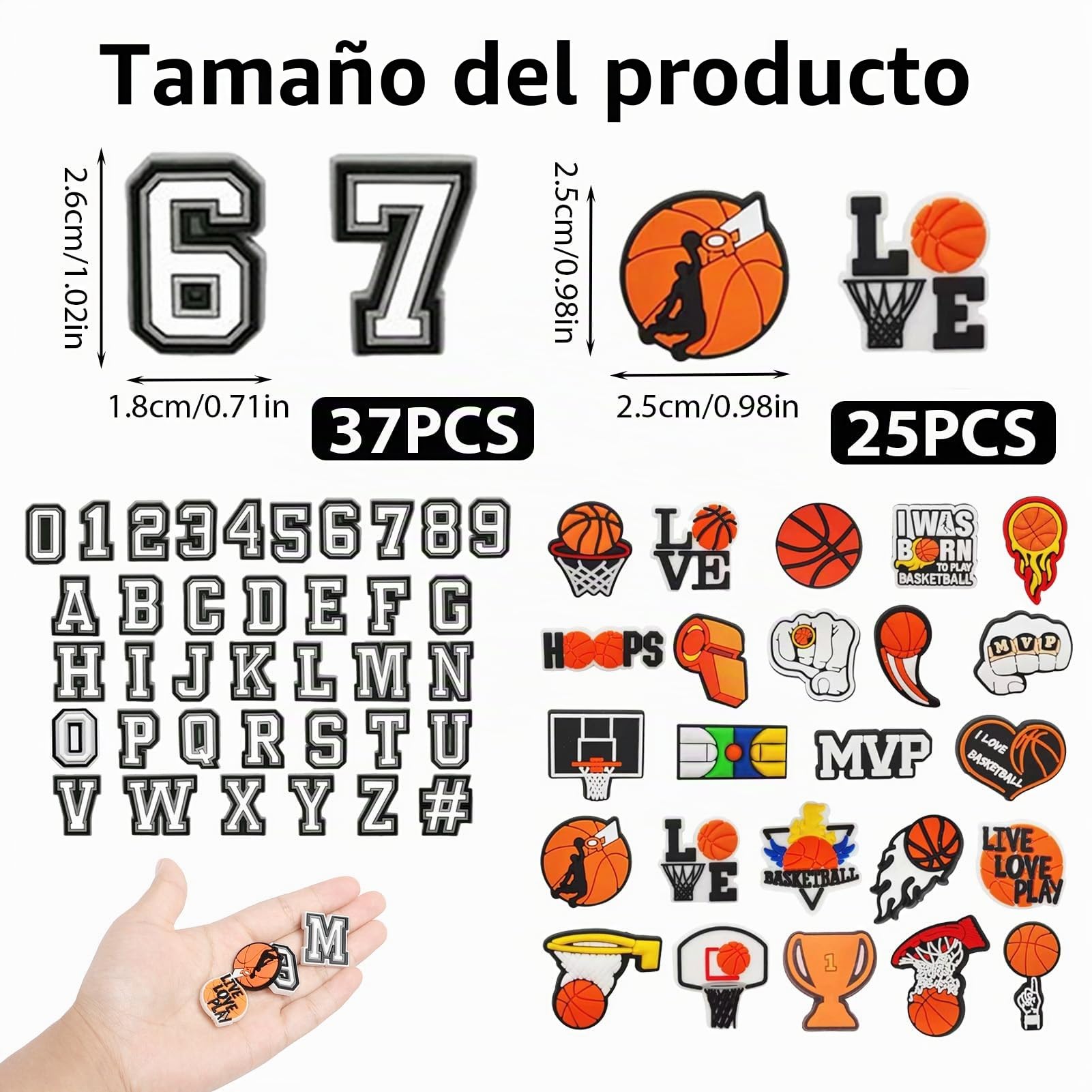 62 Piezas de Pins para Crocs, Temática Baloncesto, Jibbitz, Charms y Accesorios Crocs con Letras y Números para Decorar Zapatos, Ideal para Niños, Adolescentes y Adultos