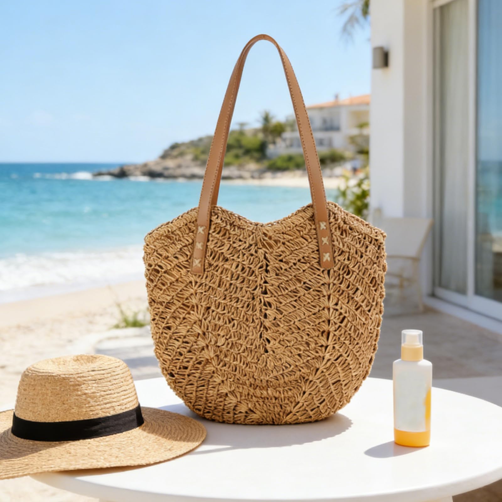 Borsa da Spiaggia Grande, Borsa a Mano in Paglia con Cerniera e Cinturino, Spiaggia in Stile Bohémien Estivo, Borsetta Donna di Vacanza Casual, Adatta per Viaggi in Vacanze