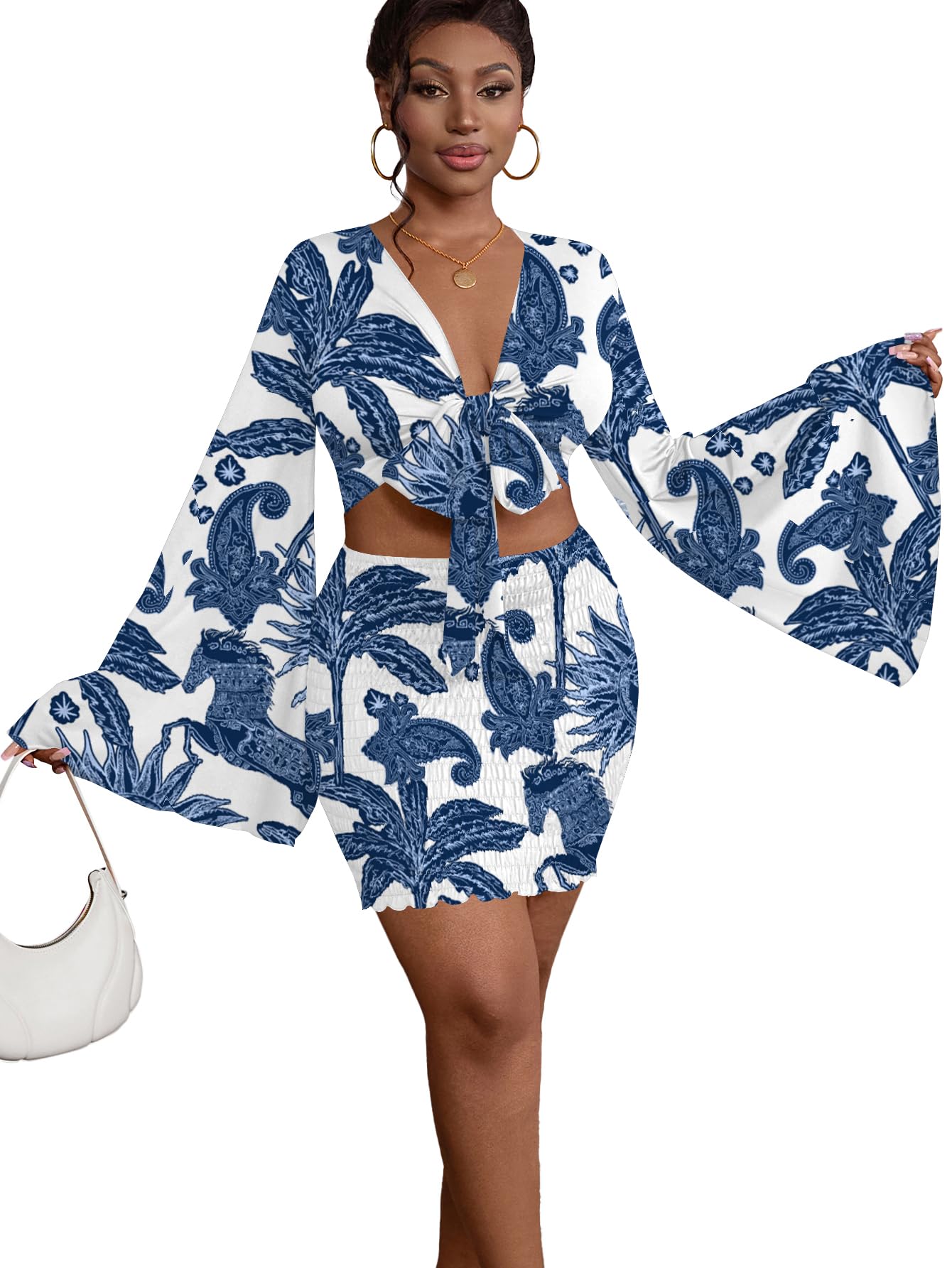 LYANER Women 2 Piece Vacation Outfits Tie Knot Front Bell Long Sleeve Crop Top and Mini Skirt Summer Set