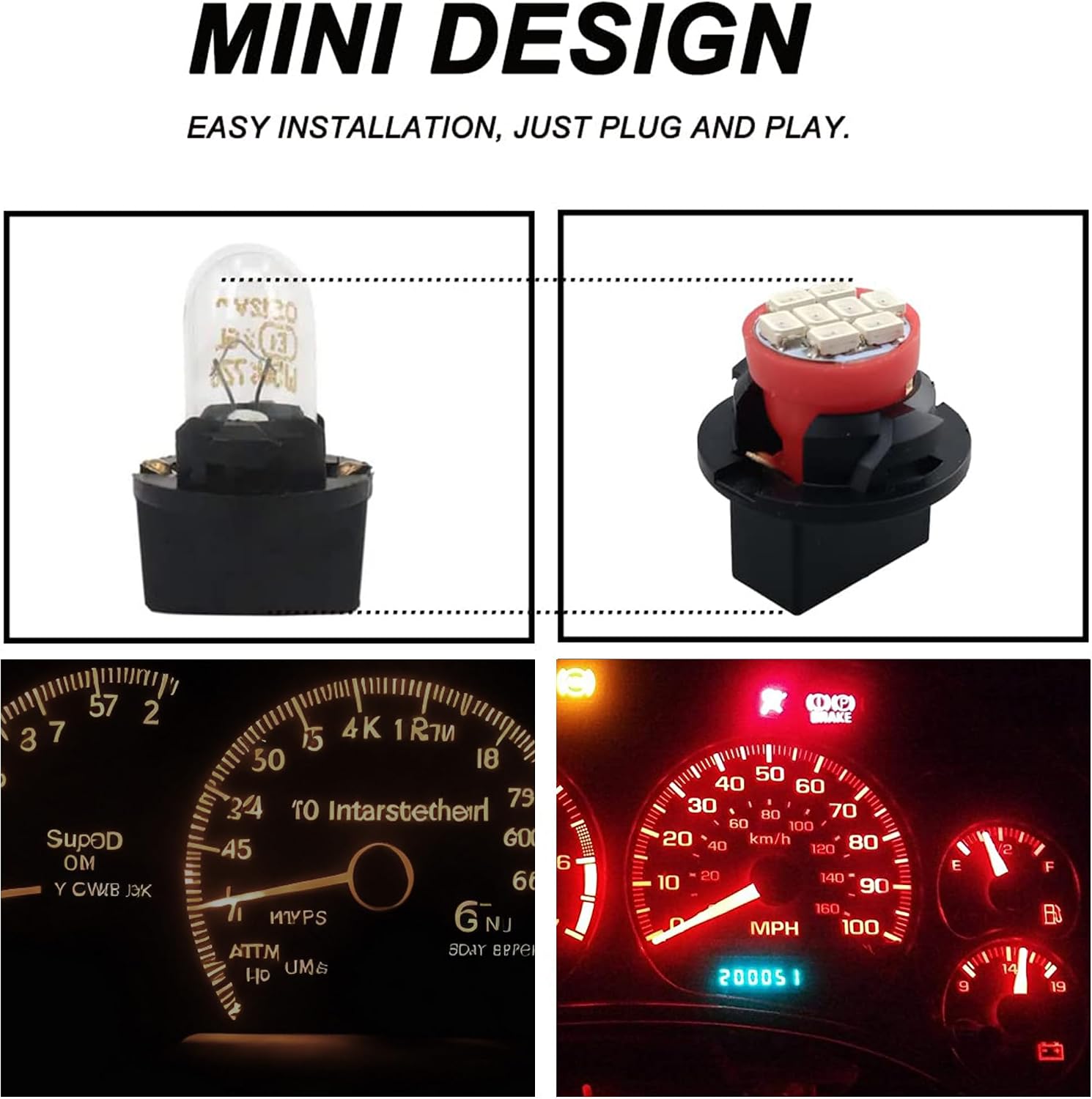 T10 194 168 Red LED Dash Instrument Lights Bulbs with T10 Twist Lock Socket, Super Bright T10 Instrument Panel Gauge Cluster Dashboard LED Light Bulbs 12V 8-SMD LED Chipset, 20Pcs/Set