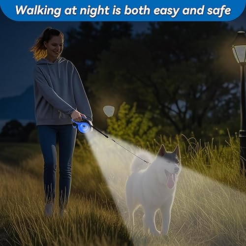 Miniatura 6 de Correa retráctil resistente de 26 pies para perros grandes, correa de perro con soporte para bolsa de excrementos, hasta 100 libras, con luz LED,
