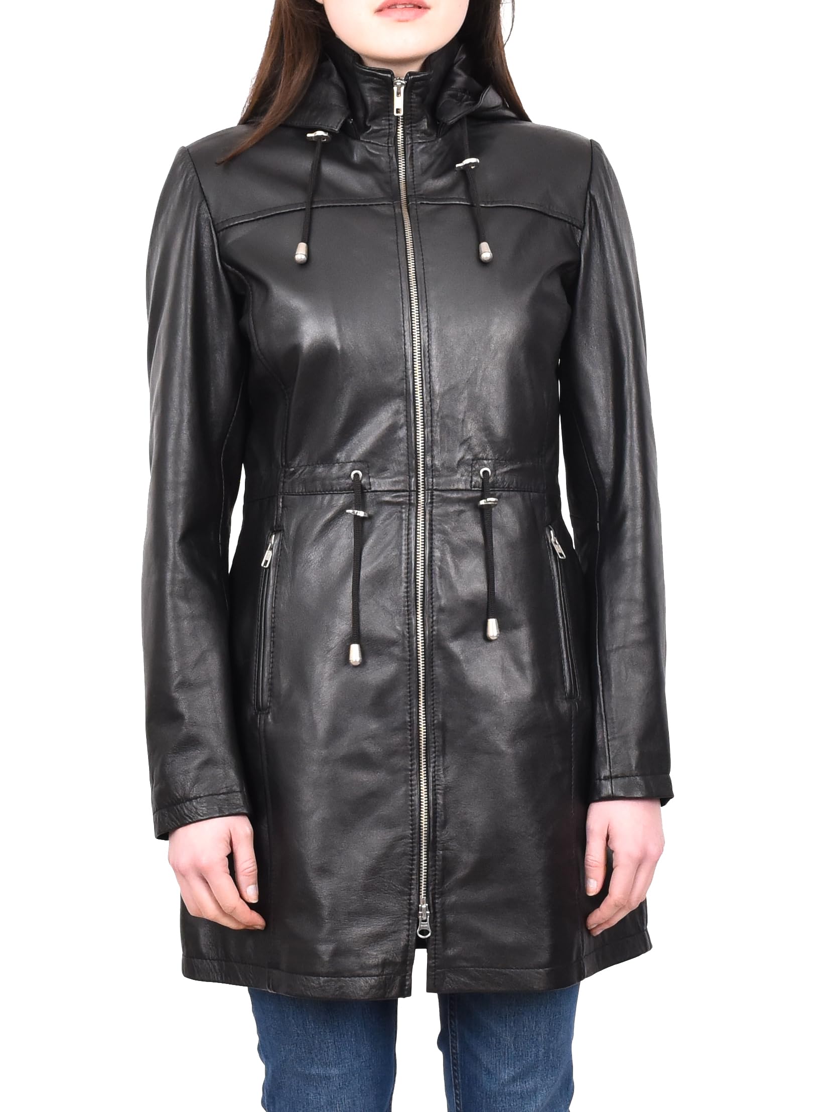Divergent Retail Womens Real Leather Hooded Parka Coat Clem Long Length Black Jacket (UK, Numeric, 12, Regular, Regular, Black)