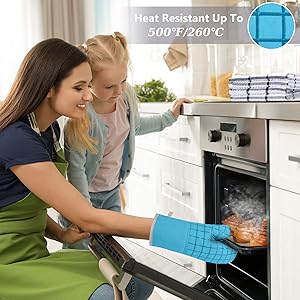 Oven Mitts and Pot Holders Set with Kitchen Towels and Dishcloths, 500 Degree Heat Resistant Oven Gloves and Hot Pads, Premium Soft Cotton Kitchen Hand Towels and Dish Cloth Sets (Turquoise)
