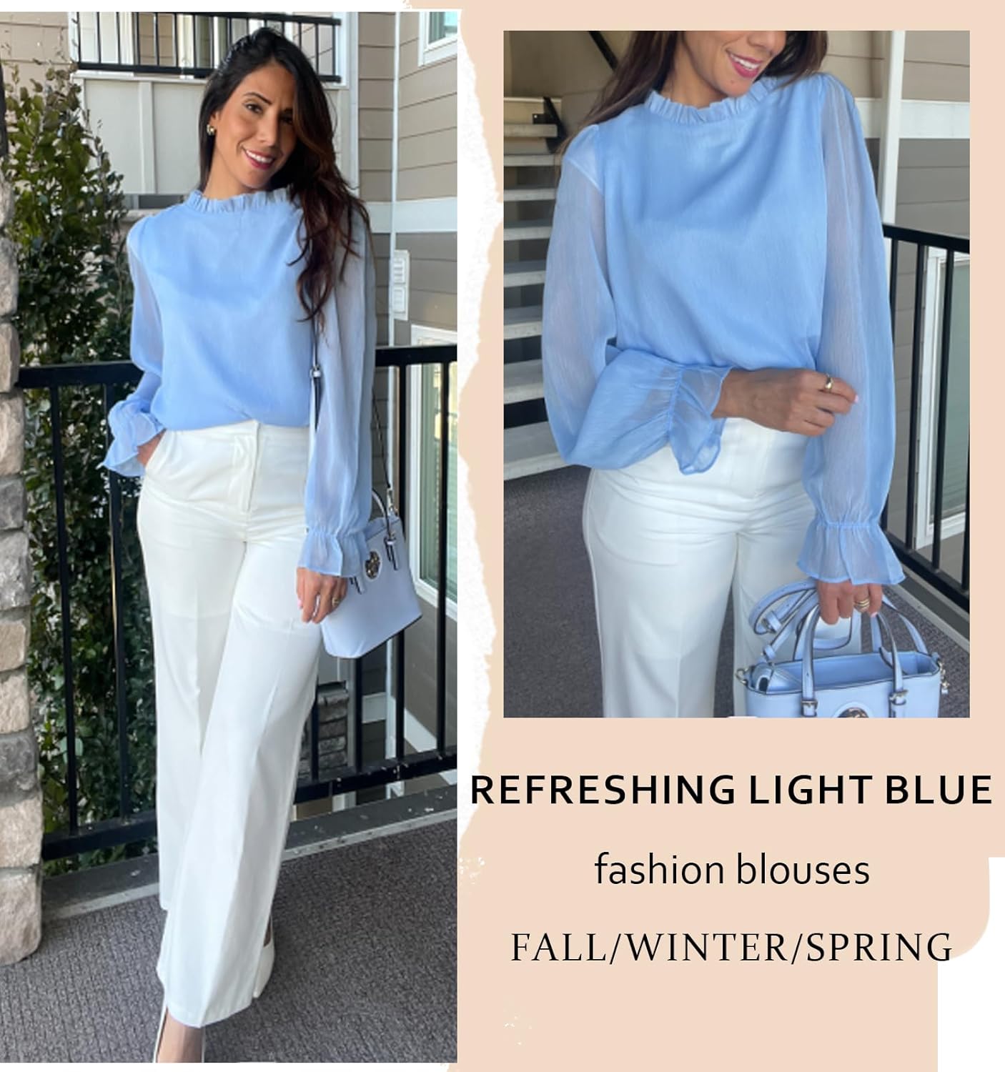 Aifer Womens Blouses Trendy Dressy Casual Tops Elegant Puff Long Sleeve Shirts Ruffle Mock Neck Plain Chiffon Outfits - Image 5