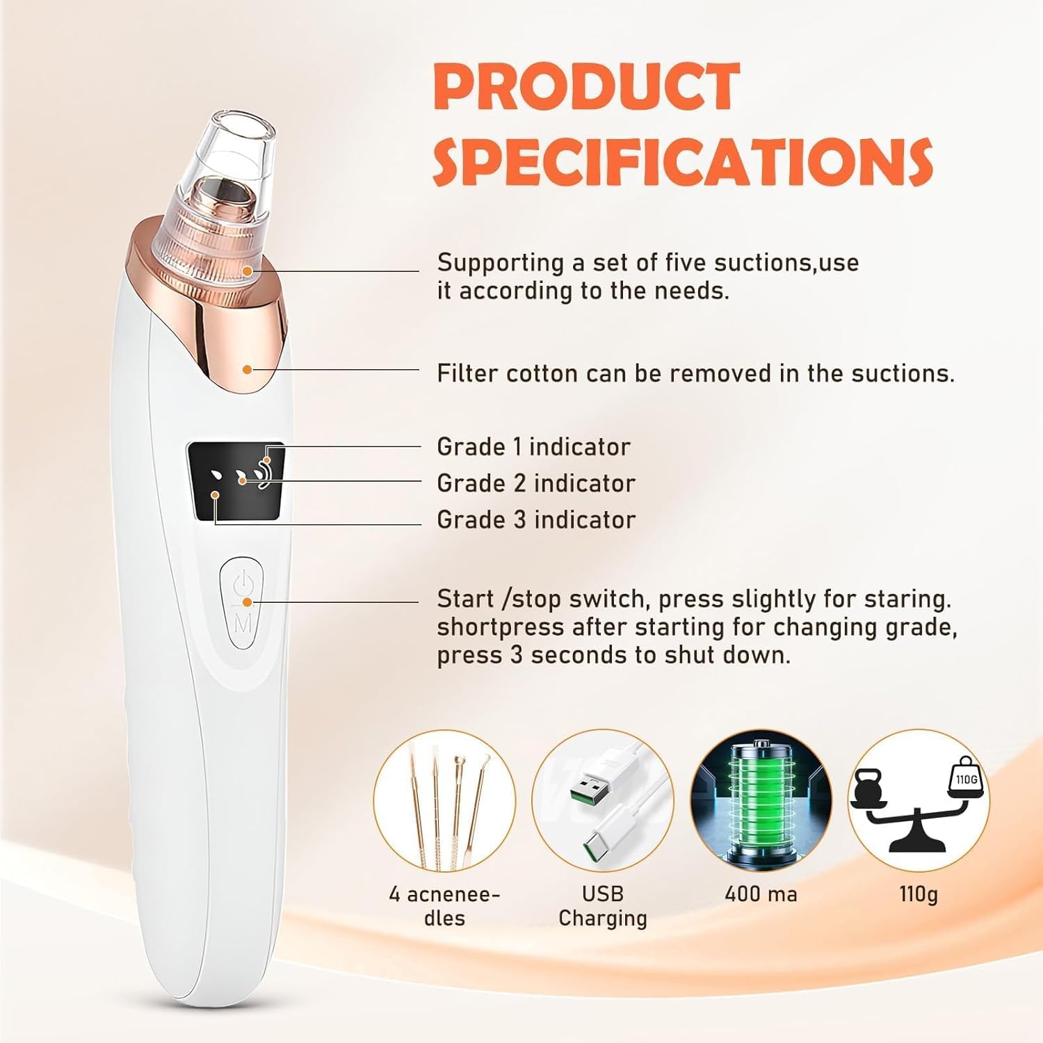 Aspirateur Point Noir Extracteur de Comédons Nettoyage des Pores avec 5 Sondes 3 Modes Points Noirs Anti Point Noir Nez Nettoyage des Pore Peau Soin Visage