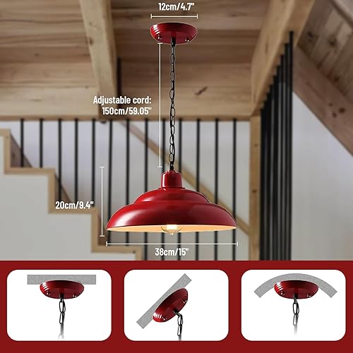 Miniatura 3 de Lámpara colgante de granja, lámpara vintage de hierro de metal con pantalla de granero roja, lámpara colgante de isla de cocina, lámpara colgante de