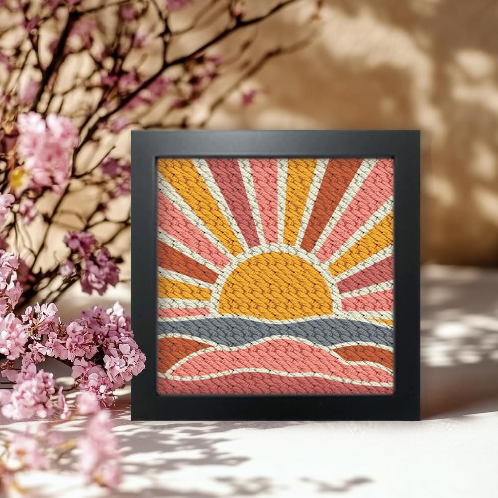 FREEBLOSS DIY Punch Needle Kit Sunrise Punch Needle Embroidery Wall Hanging Painting Kit for Beginners Poke Embroidery Dandelion Room Decor Already Framed, 9.4 * 9.4inch