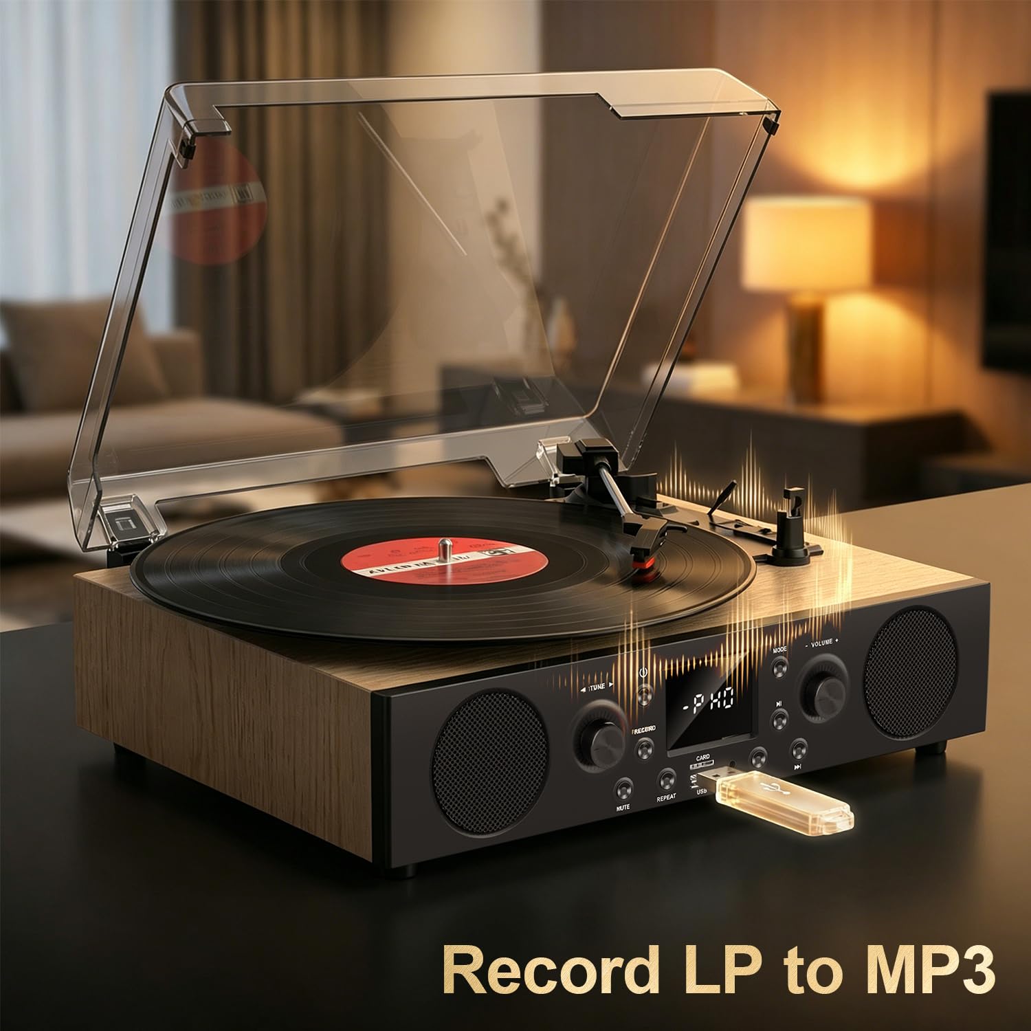 Odtwarzacz płyt z wbudowanymi głośnikami, gramofon Bluetooth w stylu vintage, 3 prędkości, z nagrywaniem USB, odbiorem Bluetooth, wyjściem liniowym RCA i wejściem AXU, radiem FM, odtwarzaczem płyt