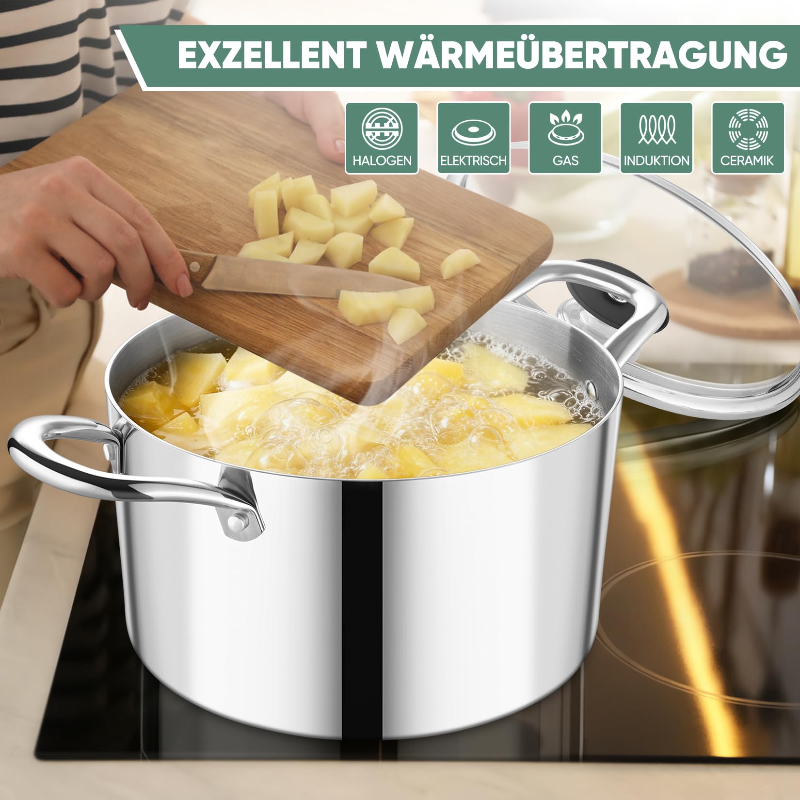 Onader 3-warstwowy garnek ze stali nierdzewnej ze szklaną pokrywką (1, 7,5 l)