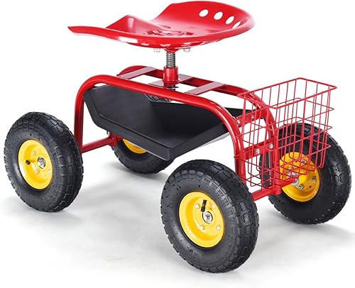 Miniatura 9 de Giantex Asiento de trabajo de jardín rodante, asiento de trabajo de jardinería giratorio 360 con ruedas, cesta de herramientas, altura ajustable,