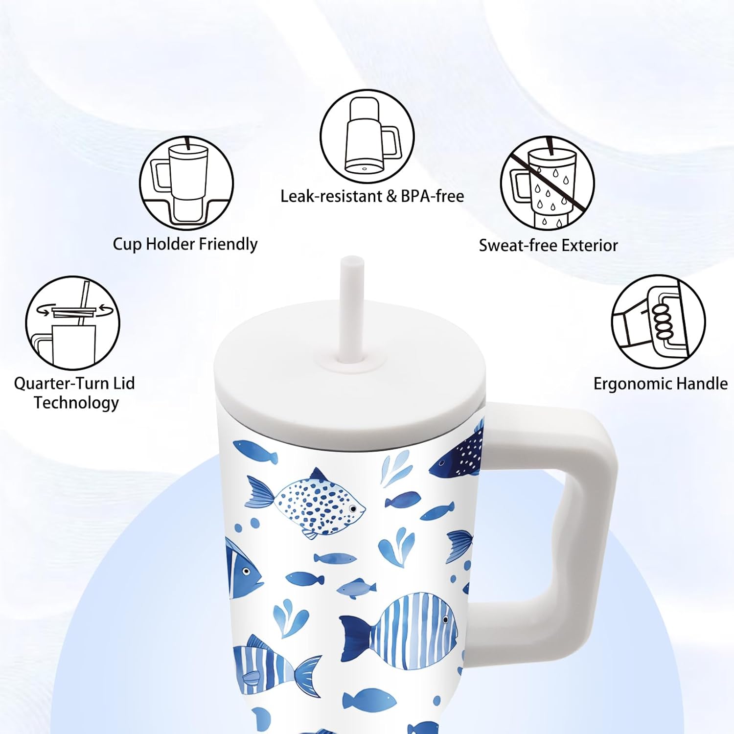 Gifts for Women - 24 oz Blue Tropical Fish Tumbler with Handle and Straw - Insulated Stainless Steel Cup, Leakproof, Cute Ocean Animal Lovers Travel Mug, Fits Car Cup Holders, Keeps Drinks Cold/Hot - Image 5
