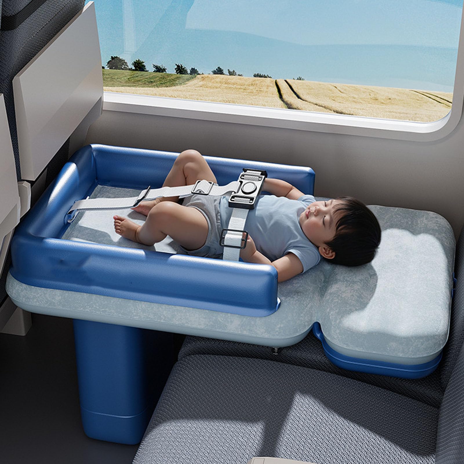 Lit Gonflable de Voyage avec Coussin épais, Bleu | Extension de siège arrière de voiture d'avion, matelas de couchage de voyage pour enfants en bas âge, sac de transport
