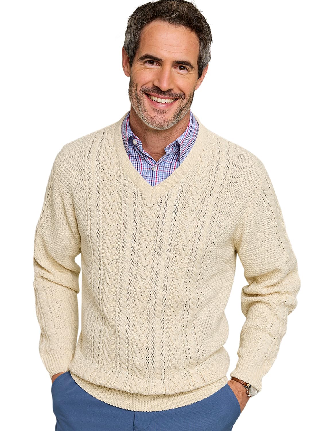 Tootal Men's Long Sleeve Chunky Cable Knit V Neck Jumper, Soft Cotton Blend Fawn M