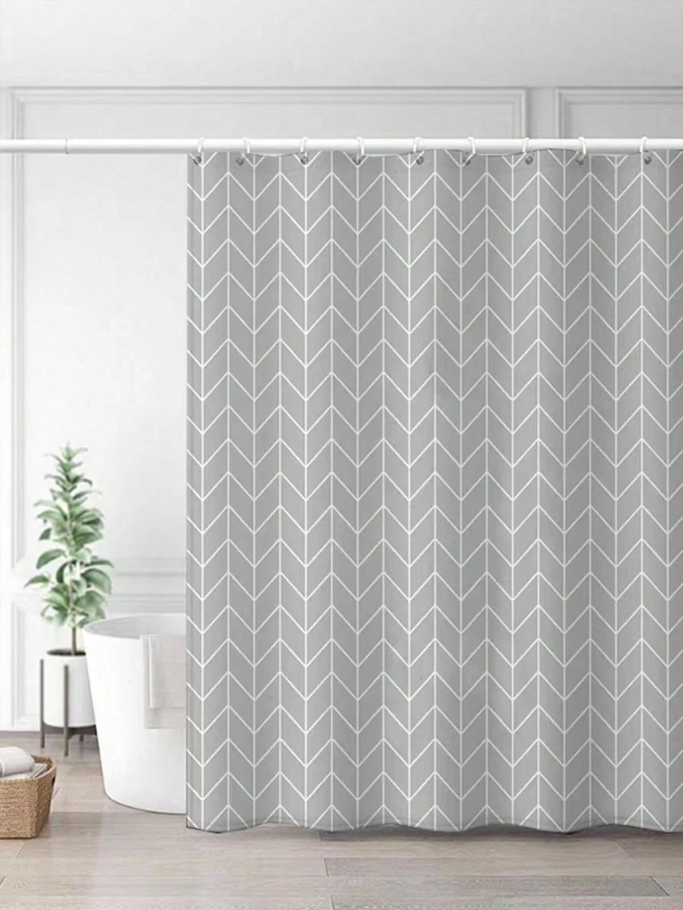 Biały wzór w jodełkę na szarej zasłonie prysznicowej minimalistyczna siatkowa zasłona łazienkowa z oczkami i haczykami (190 x 205 cm / bardzo długa)