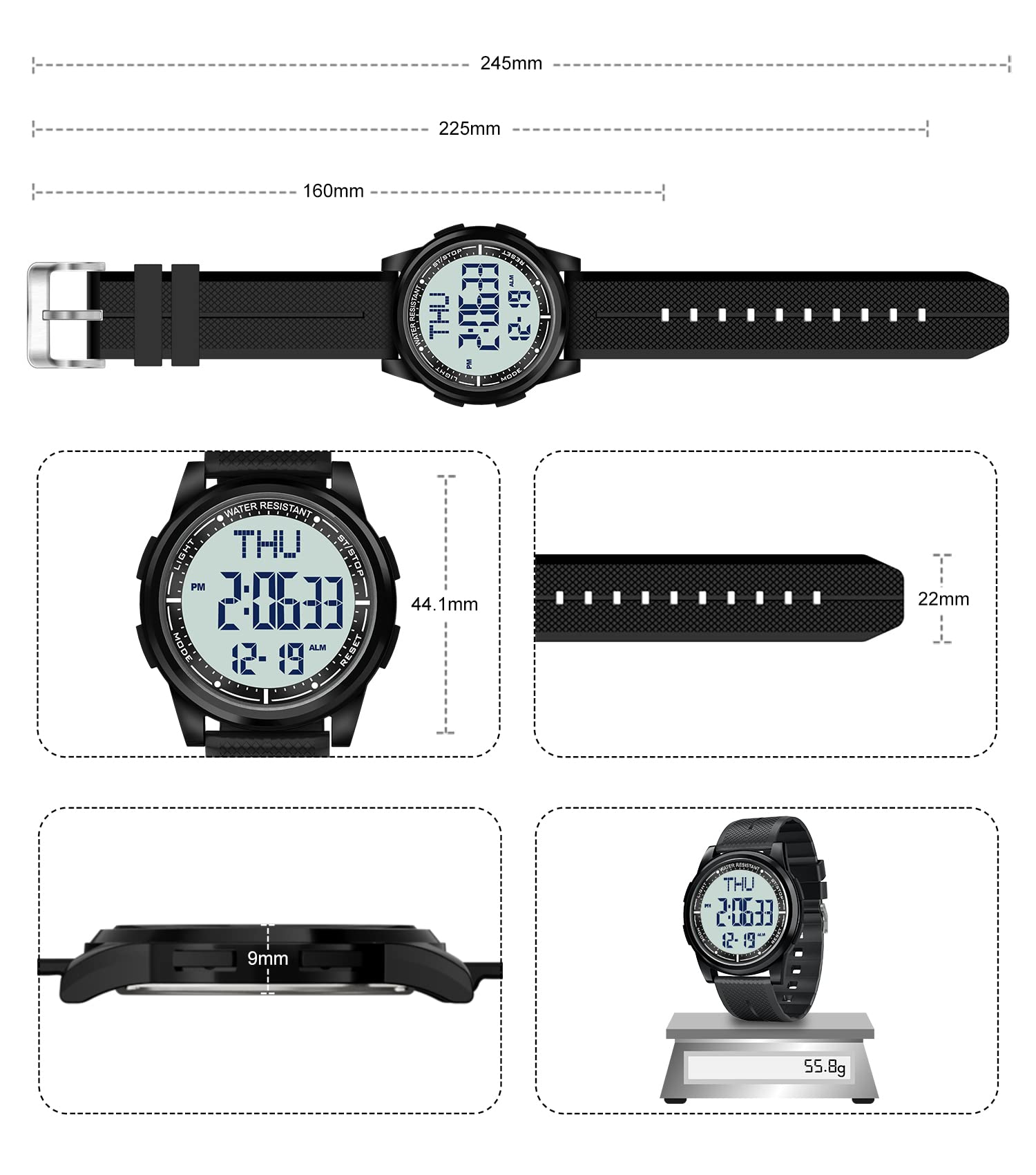WIFORT Orologio Digitale da Polso, Orologio Sportivo Uomo Donna Impermeabile 5ATM Con Retroilluminazione a LED, Cronometro, Sveglia e Timer, Ultra-sottile Watches Unisex
