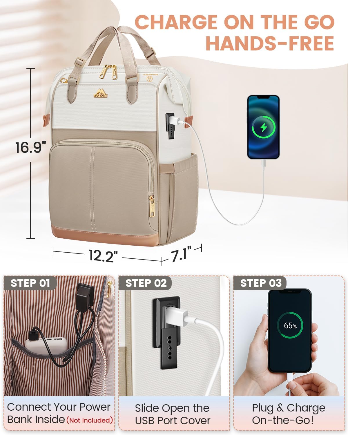 MATEIN Anti Theft Backpack for Women, 15.6 Inch Laptop Backpack with Theftproof Zippers & RFID Pocket, Water Resistant Work Computer Bag with USB Charging Port for Commute Travel, Beige Khaki - Image 3