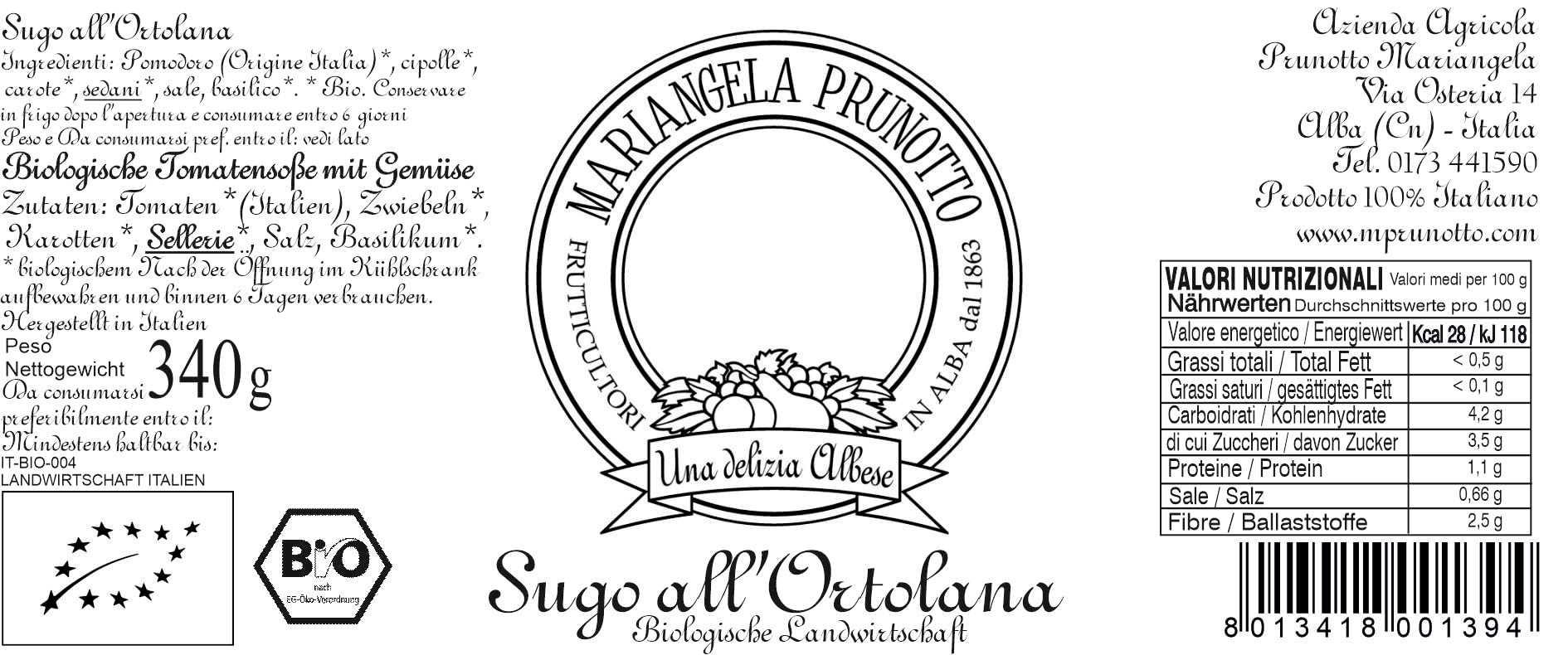 Mariangela Prunotto Azienda Agricola, 6 Vasetti di Sugo All'Ortolana Biologico 340 G
