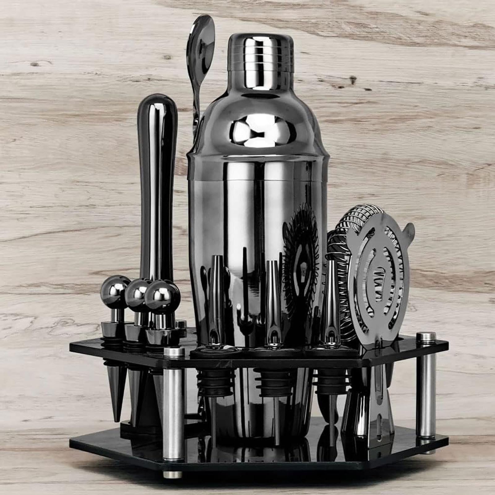 14-teiliges Cocktail-Shaker-Set aus Edelstahl mit Aufbewahrungsregal, Barmixer-Getränkeset for den privaten und professionellen Gebrauch