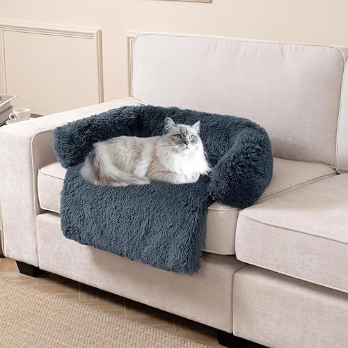 Miniatura 15 de Alfombrillas de cama calmantes para perros y gatos, funda extraíble lavable y extraíble, tapete de pelo largo de felpa para mascotas, forro