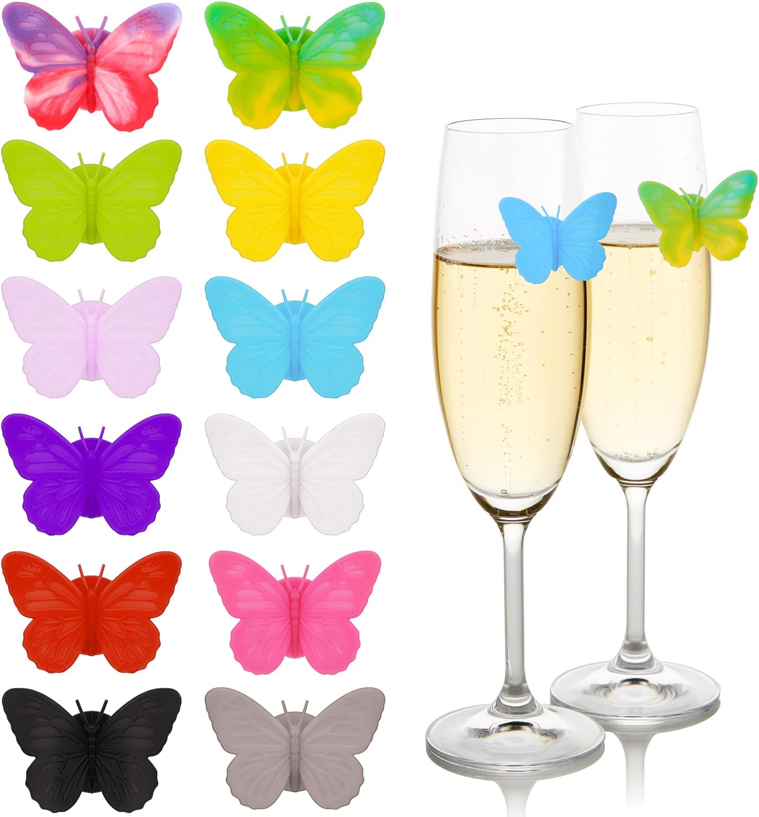 12 Pcs Silicone Barware Glass Markers, Butterfly Charms Drink Markers Tags Wine Glass Decorations Silicone Recognizer Cocktail Champagne Accessories for Party Bar Home Table Decorations, Multicolor