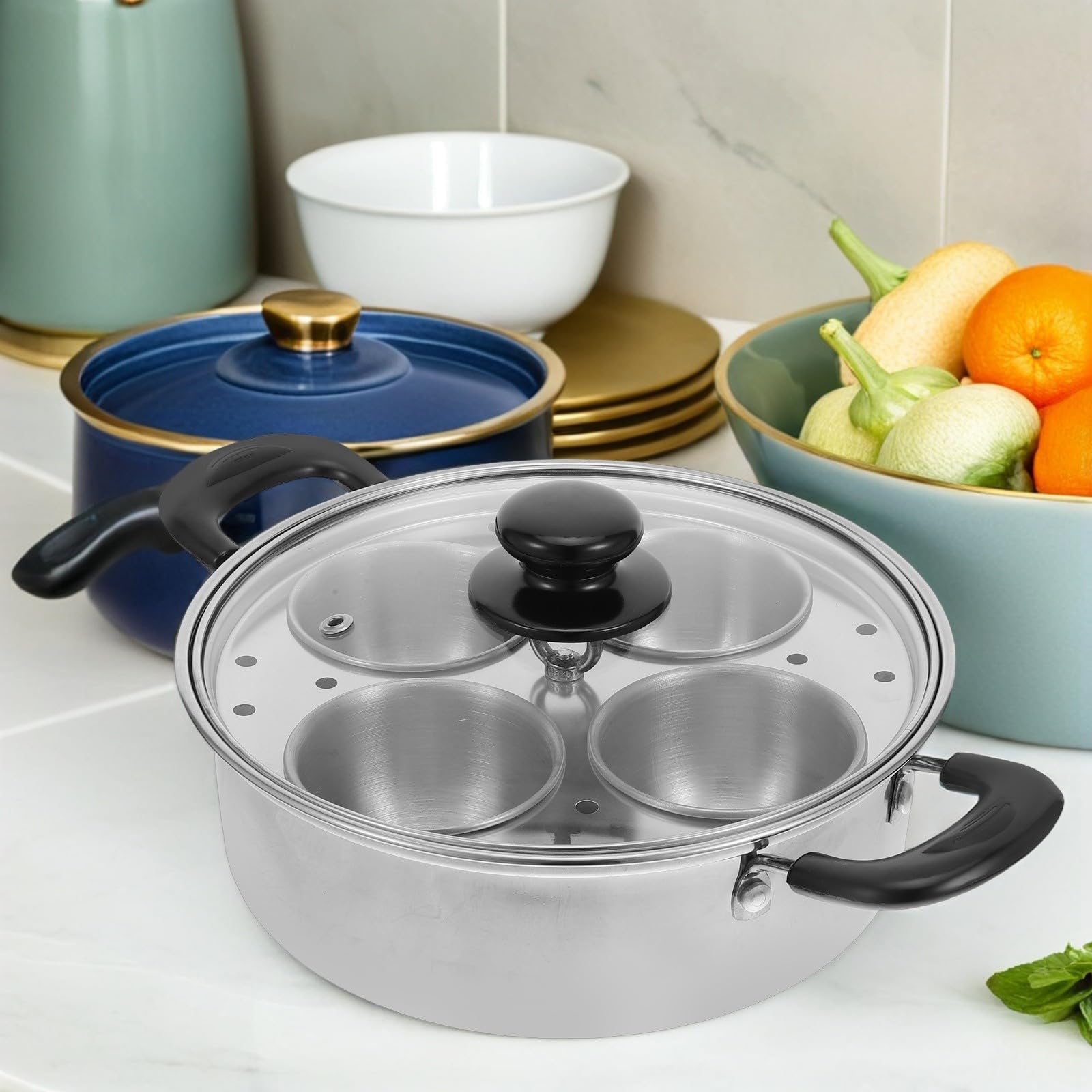 Operitacx Cocedor de Huevos al Vapor de Acero Inoxidable Plata 4 Tazas | Tazas Desmontables, Tapa con Asa, Formato Compacto para Cocina Doméstica y Espacios Reducidos