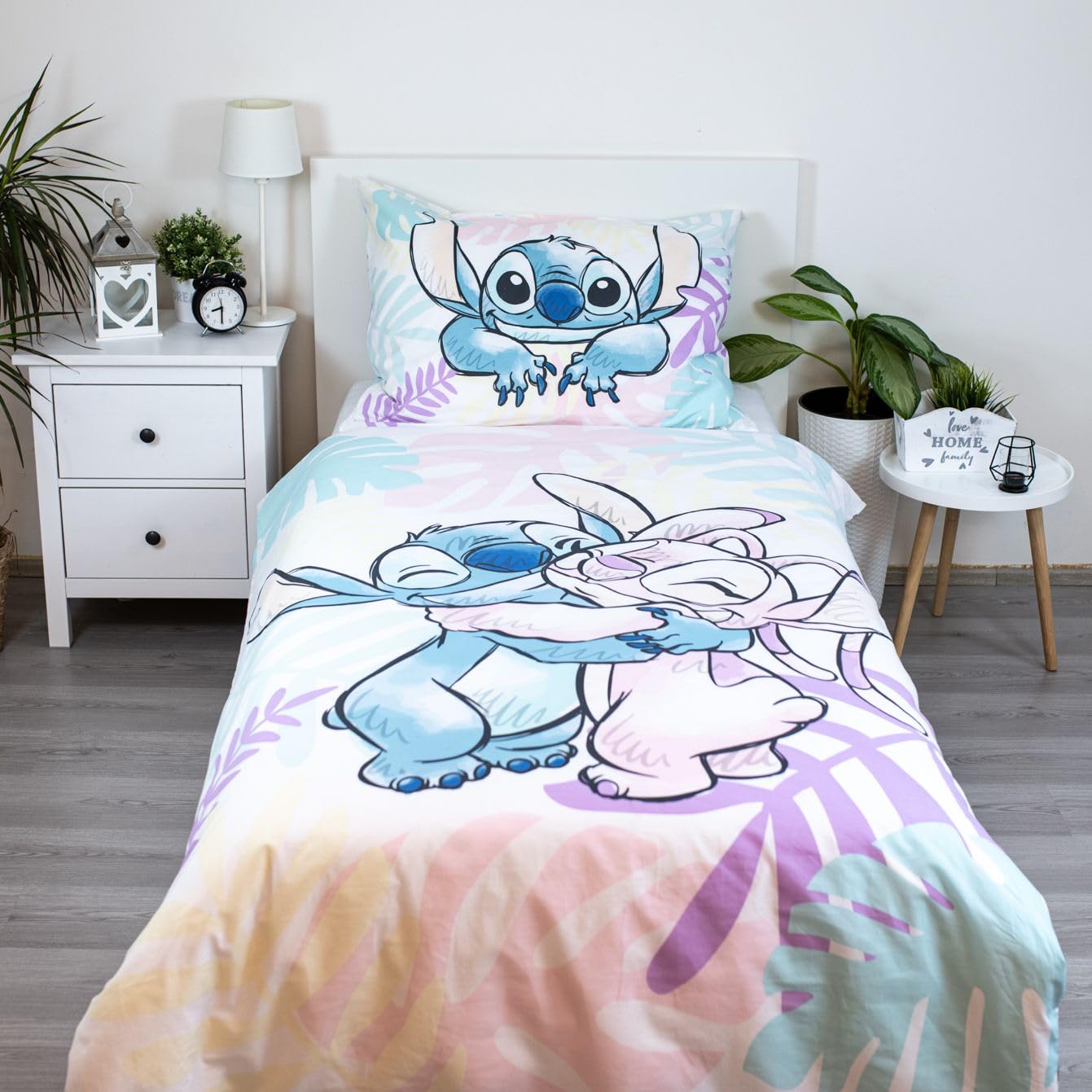 Jerry Fabrics Stitch & Angel - Set biancheria da letto reversibile, 1 copripiumino 140 x 200 cm e 1 federa 70 x 90 cm, 100% cotone, motivo foglie