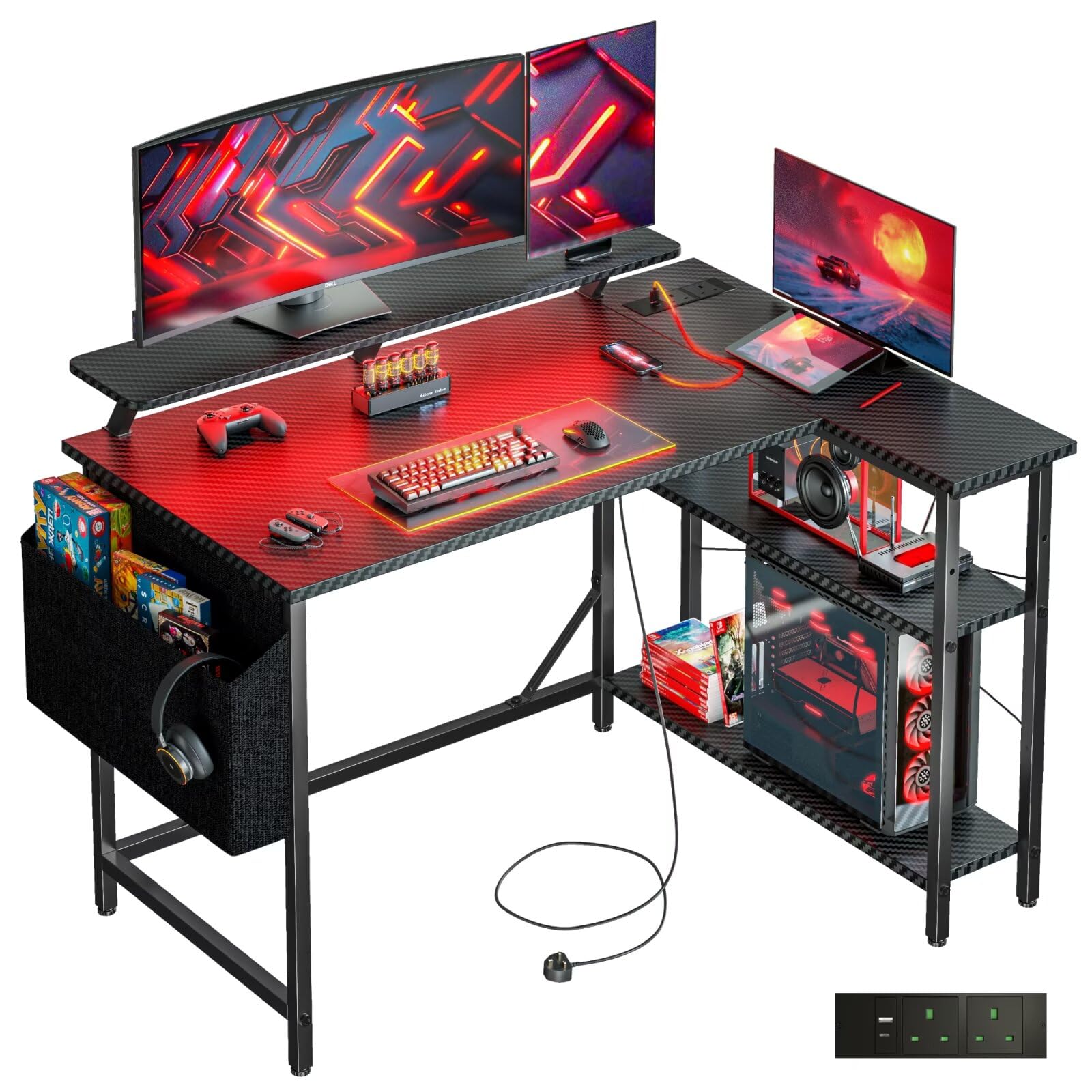 Bureau de jeu en forme de L avec lumières LED et prises de courant, petite table d'ordinateur d'angle avec sac de rangement, étagères réglables et support pour moniteur, poste de travail à