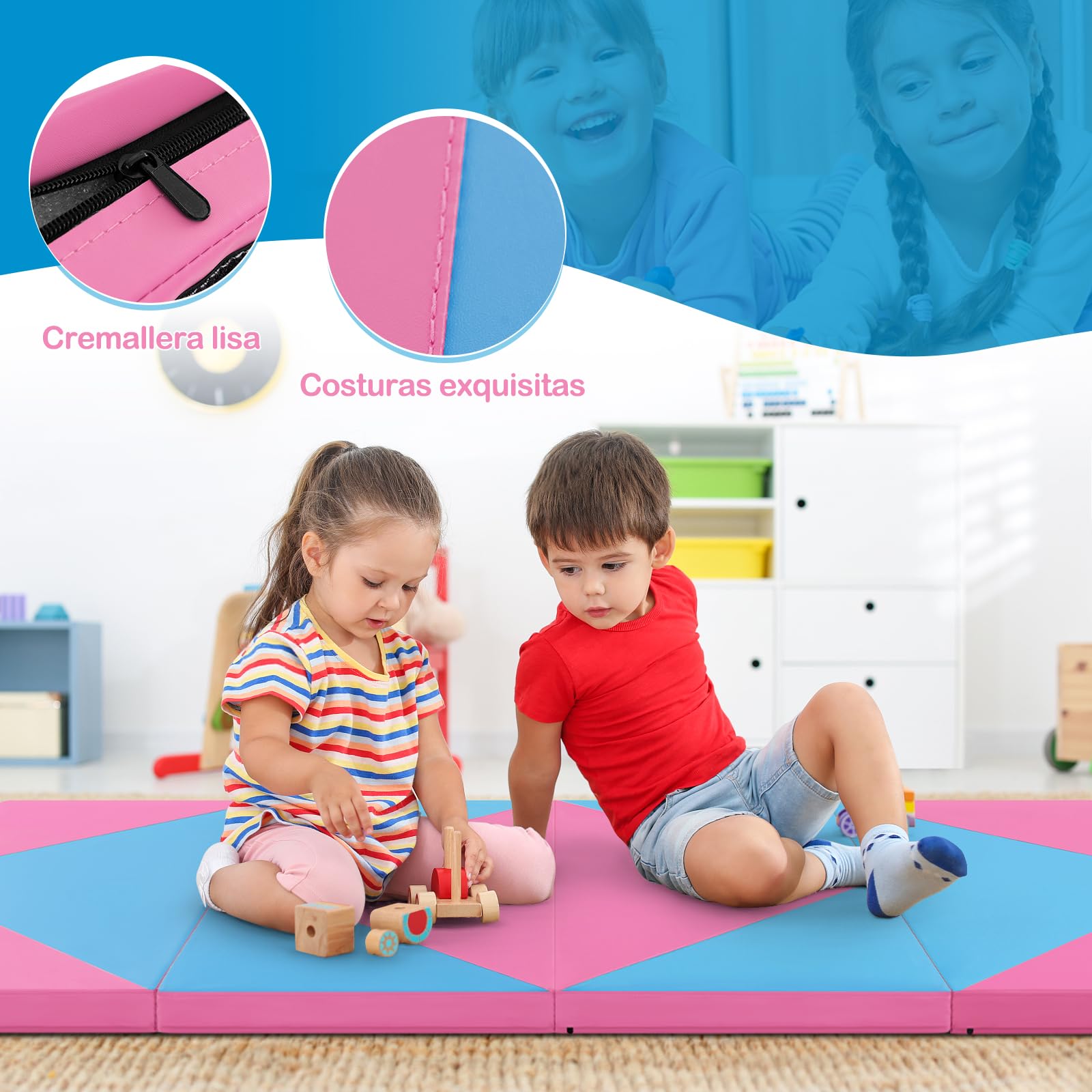GOPLUS Colchoneta de Gimnasia Plegable, 240x117x5cm, Esterilla de Entrenamiento de Cuero Artificial con Asas de Transporte, Alfombra de Suelo para Fitness Yoga (Azul+ Rosa)