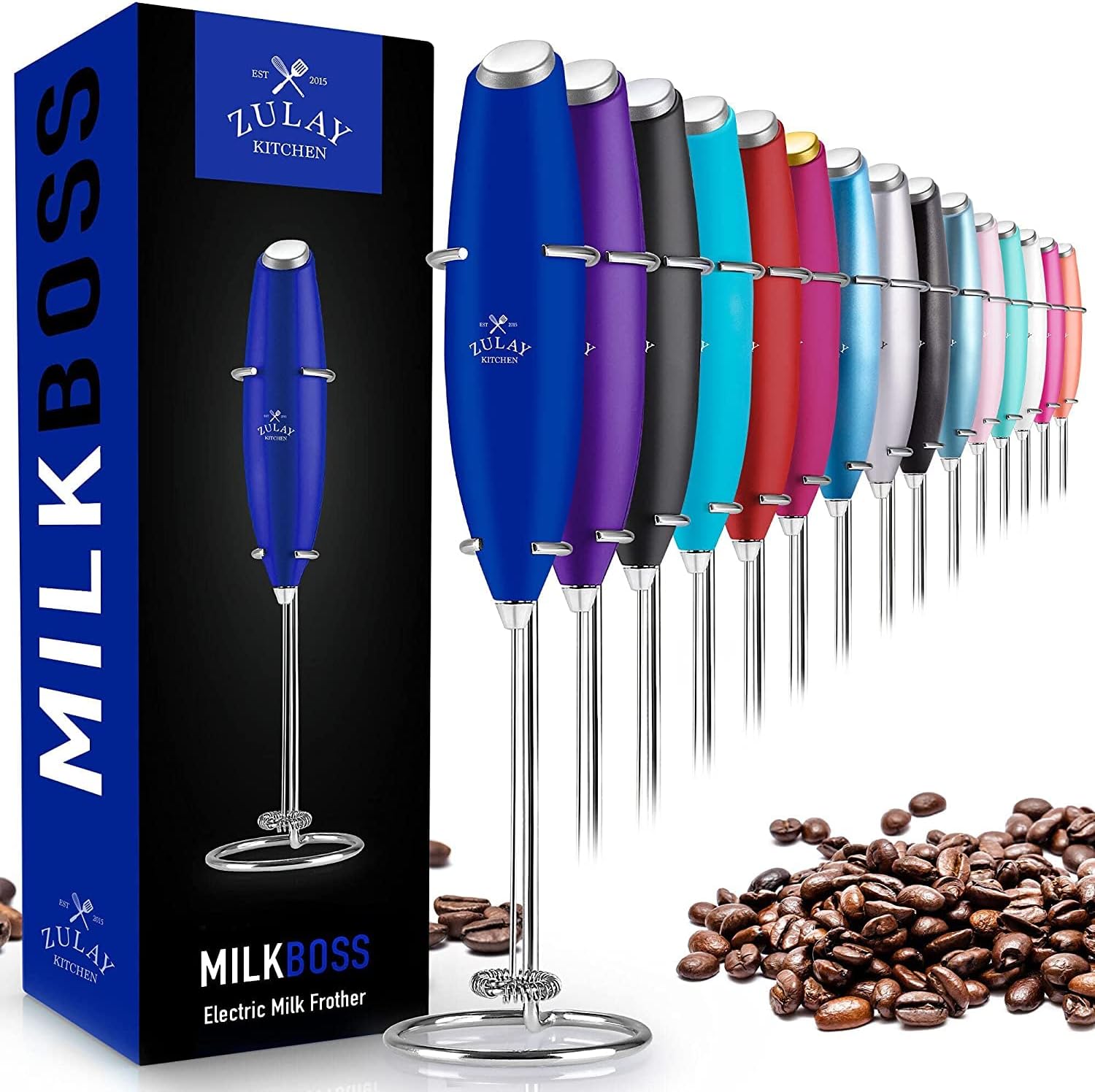 Zulay Powerful Milk Frother for Coffee with Upgraded Titanium Motor - Handheld Electric Whisk, Milk Foamer, Mini Mixer & Coffee Blender for Frappe, Latte, Matcha, No Stand - Mighty Blue