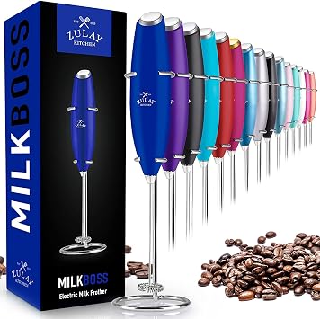 Zulay Powerful Milk Frother for Coffee with Upgraded Titanium Motor - Handheld Electric Whisk, Milk Foamer, Mini Mixer & Coffee Blender for Frappe, Latte, Matcha, No Stand - Mighty Blue