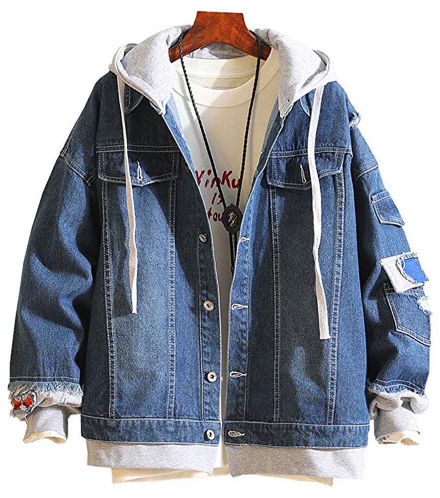 LifeHe Men Denim Jacket With Hoodie With Patches Oversized