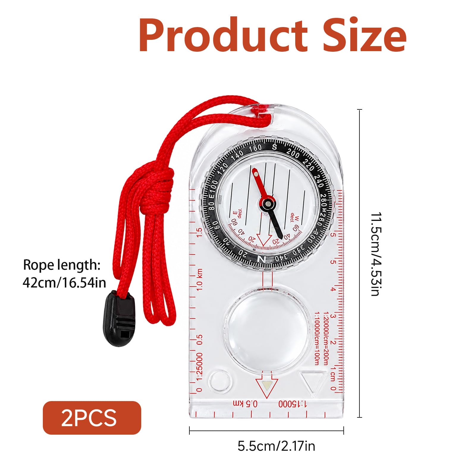 2Pcs Boussole Randonnée, Boussole Militaire avec Déclinaison Réglable, Corde Rouge Portable, Boussole d’Orientation Précise pour Camping, Trekking, Lecture de Carte et Activités de Plein Air