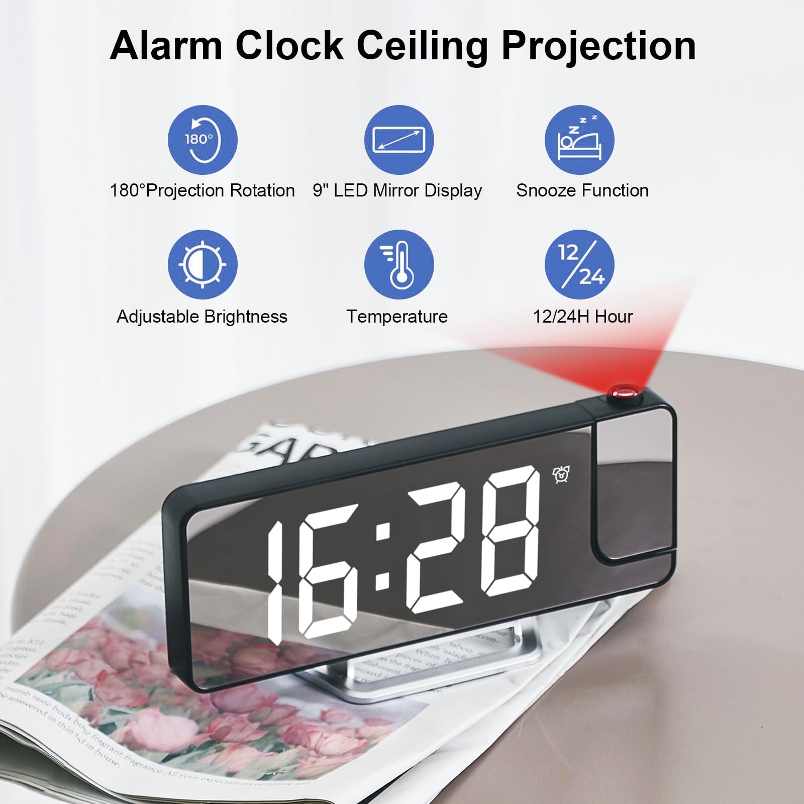 Cuteefun Projektionswecker, Projektion Uhr mit LED Bildschirm, Projektionsuhr mit Temperatur, Snooze, Einstellbare Helligkeit, 12/24H Anzeige, Wecker Digital mit Deckenprojektion, Weiße Ziffern