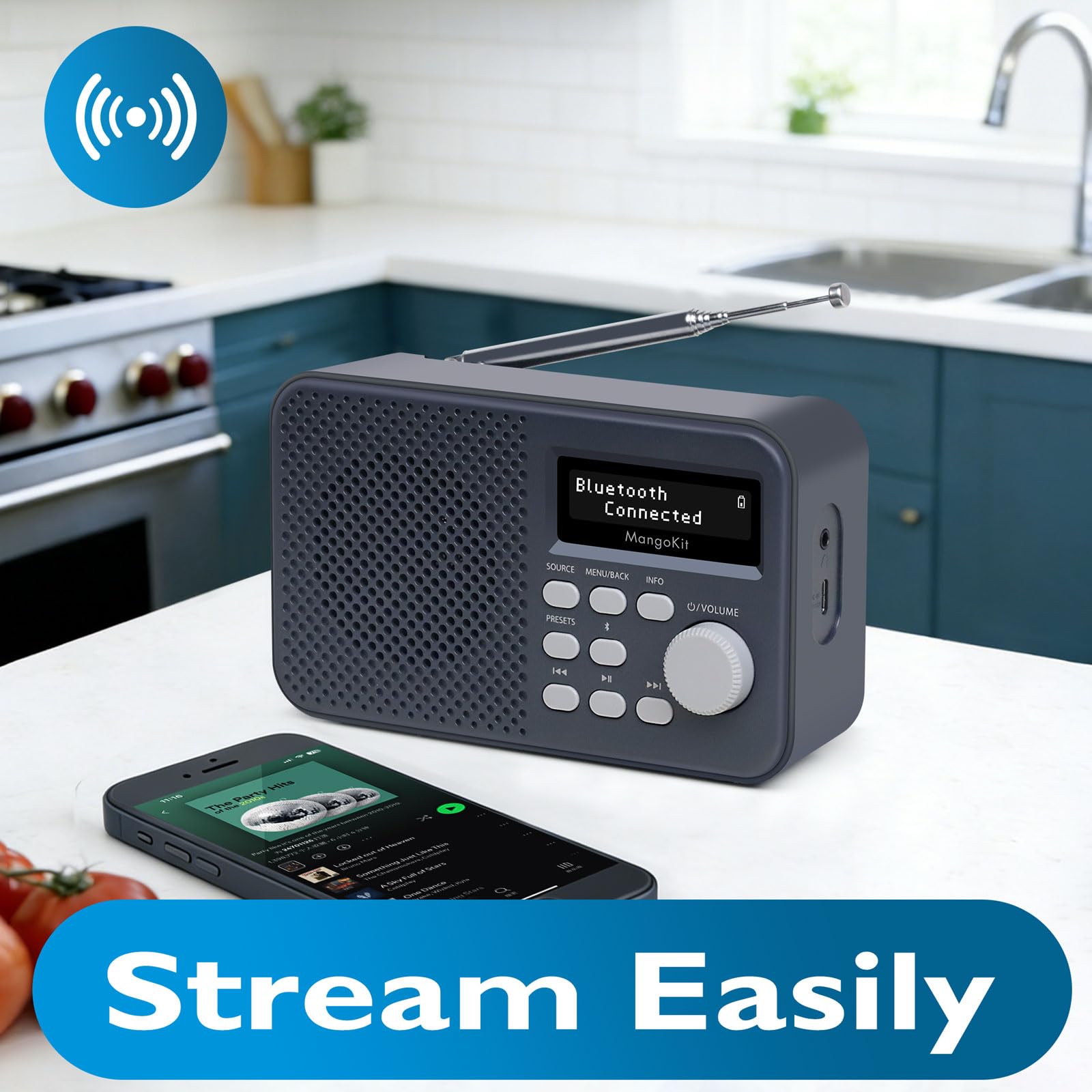 MD2-Plus Radio Dab/Dab+/FM Portable - Diffusion Bluetooth, 40 présélections, Grand écran LCD, Alimentation Secteur ou Piles, Prise Casque, Radio compacte pour Chevet ou Cuisine