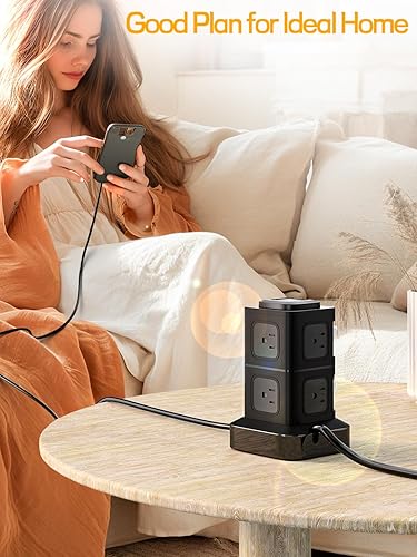 Miniatura 6 de Regleta de alimentación de torre con protector de sobretensiones, cable de extensión de 10 pies con 8 salidas de CA, 4 puertos USB, estación de