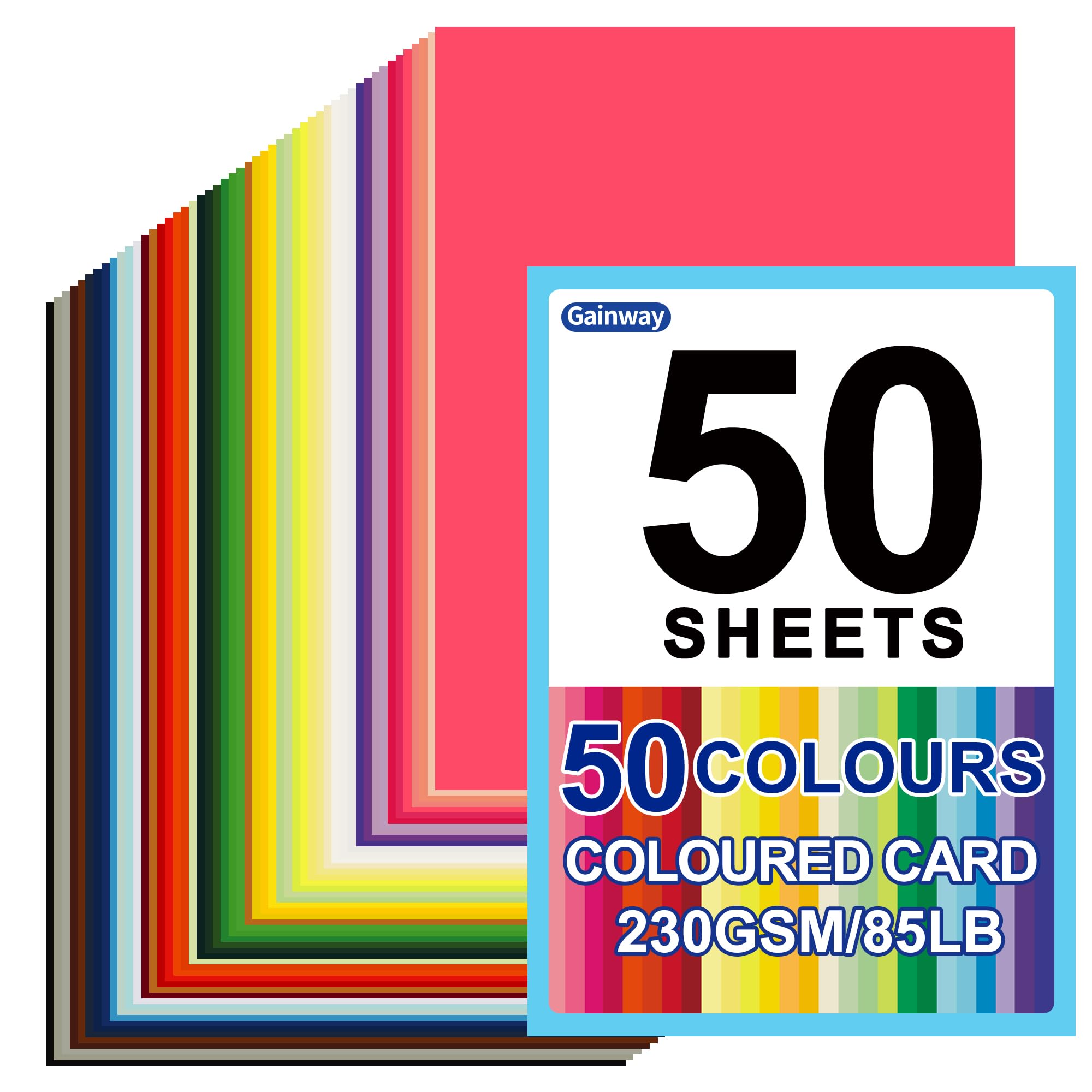50 Sheets Coloured Card A4, 50 Assorted Colours, 230GSM/85LB Thick Coloured Paper for DIY Crafts, Printing, Scrapbooking, School Supplies