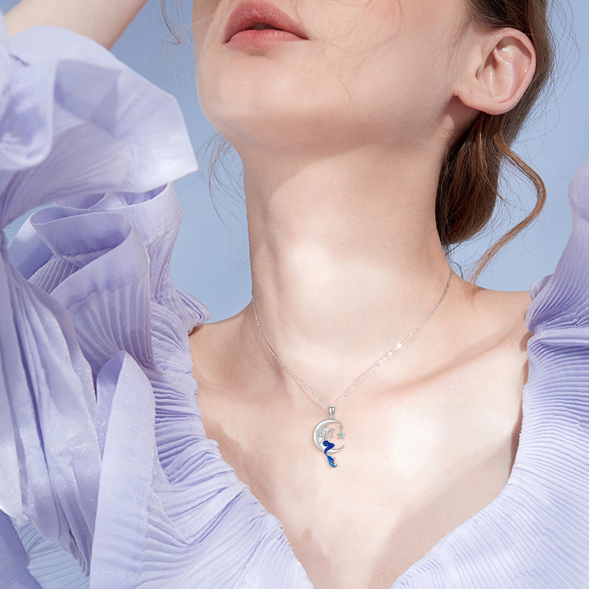 JERWLI Meerjungfrau-Halskette 925er Sterlingsilber kleine Meerjungfrau Schmuck für Mädchen Mondschmuck Geschenke für Frauen