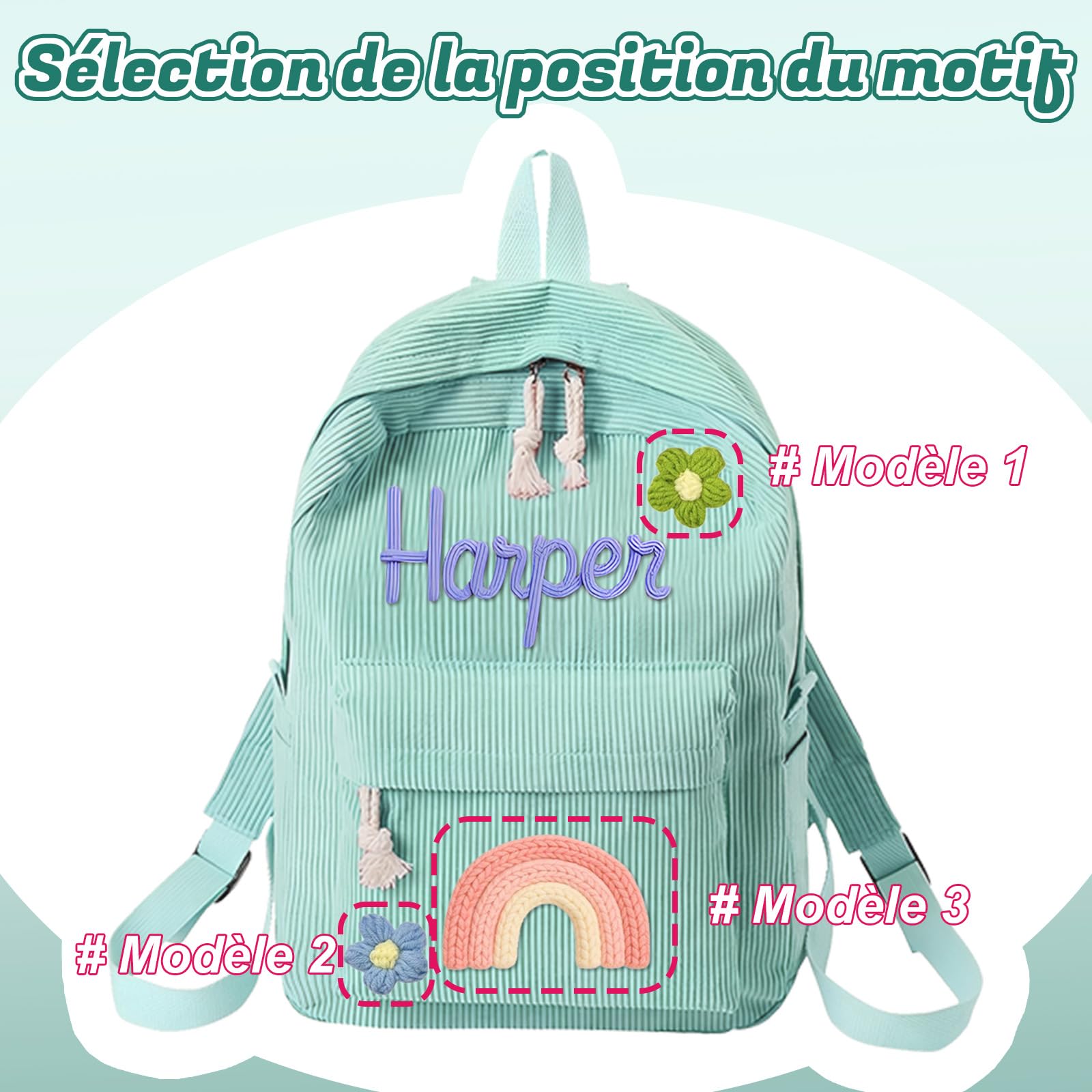 Sac à Dos Enfant Personnalisé en Velours Côtelé avec Prénom Brodé – Cartable Maternelle à Cordon en Coton, Sac Monogrammé pour Fille et Garçon, Idée Cadeau Rentrée Scolaire (Style 1)