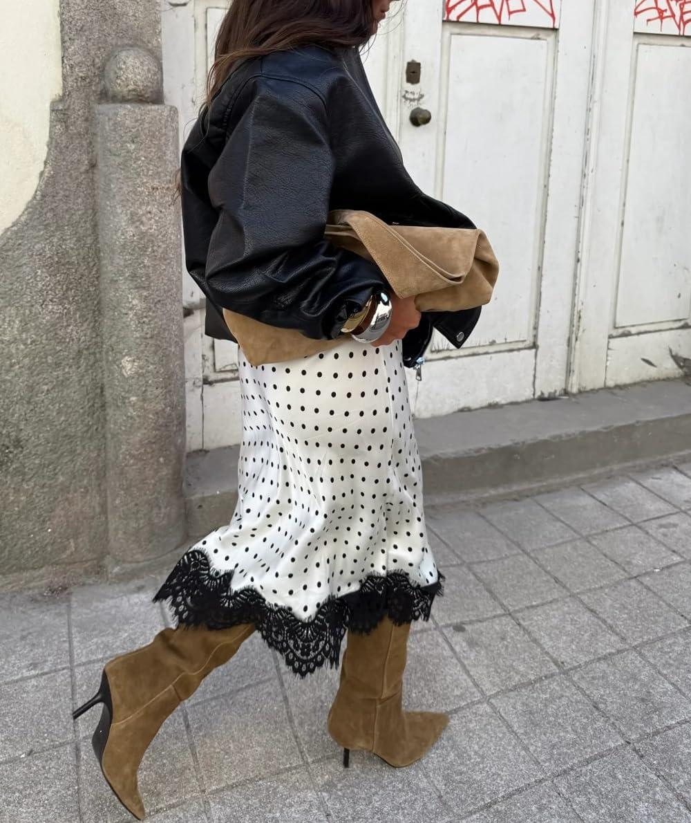 Satin Lace Long Polka Dot Skirt for Women Lace Trim Silk Midi Skirt Vintage Elegant Flowy Pencil Long Skirts