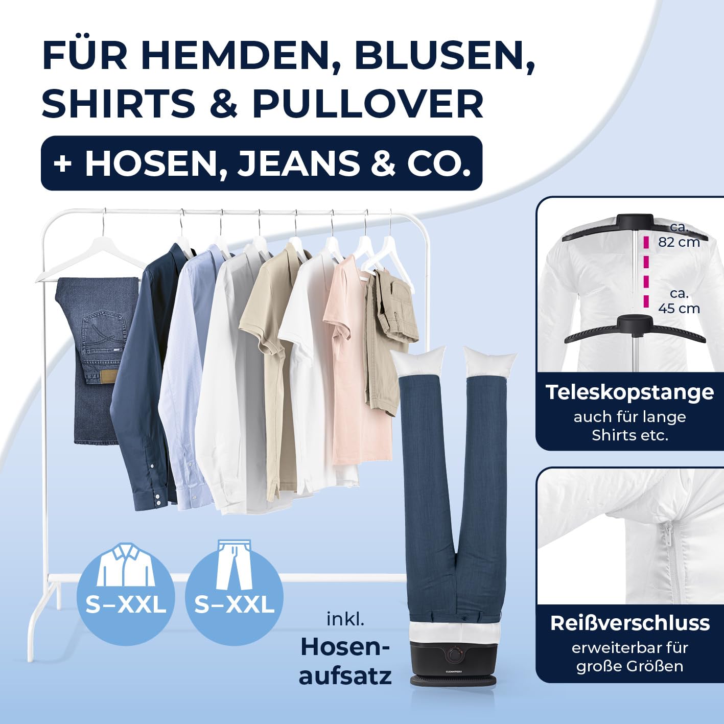 CLEANmaxx automatischer Hemdenbügler PRO mit Hosenaufsatz | Ersetzt Bügeleisen, Dampfglätter, Steamer | Bügelgerät mit Bügelpuppe für Hemden, Blusen & Hosen | Innovativ & effizient