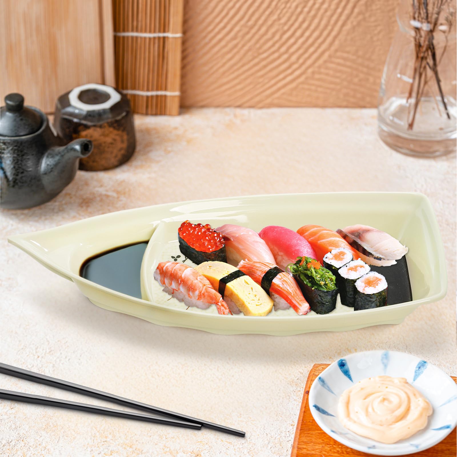 Paquete de 2 platos en forma de barco de sushi, bandeja para servir sushi sashimi, plato de plástico de melamina casi irrompible, apto para lavavajillas, 12.9 x 5.7 pulgadas 6