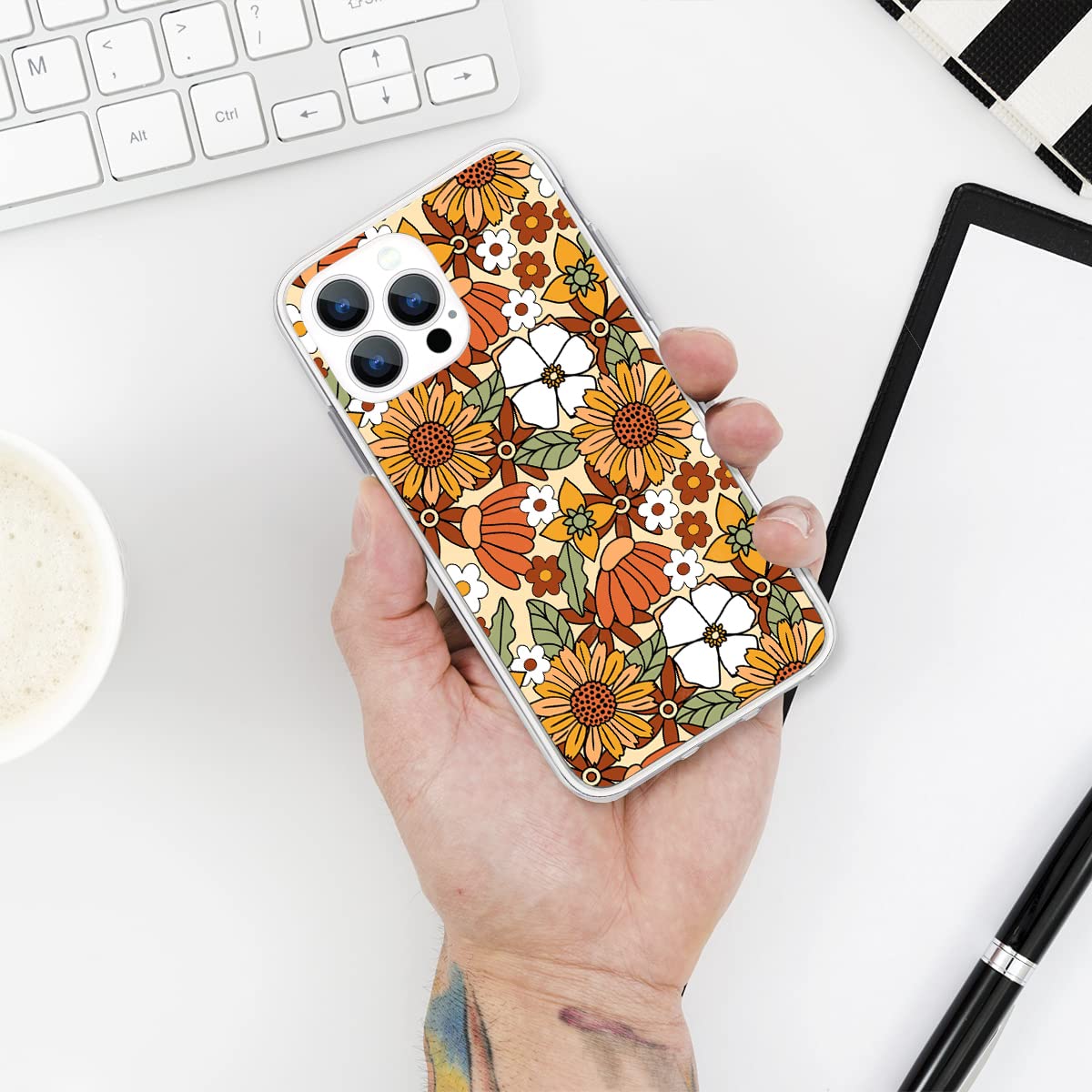 Design Para IPhone 14 Pro Max, Vintage Retr&ocirc; Anos 70 Floral Est&eacute;tica Hippie Groovy Amarelo Marrom