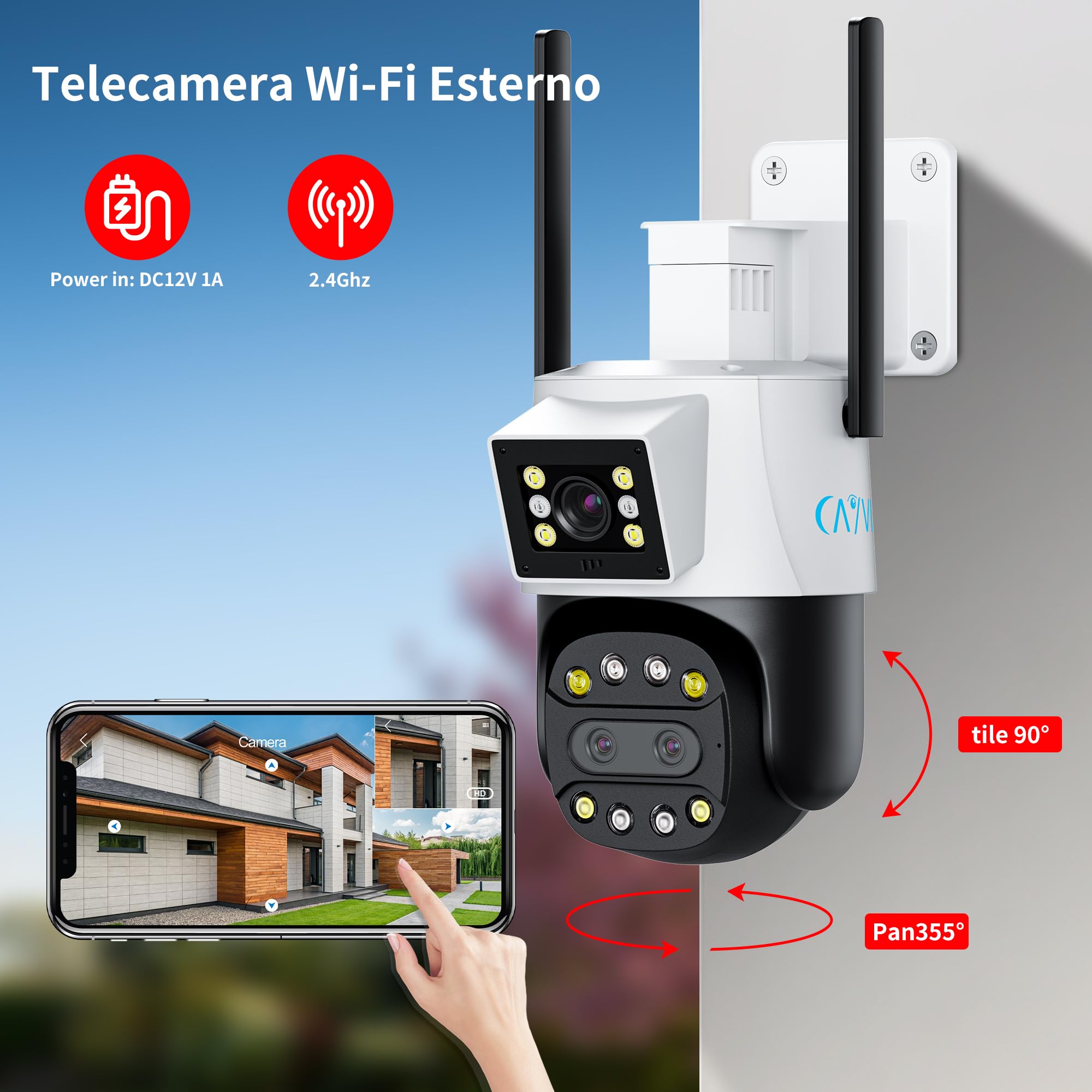 Telecamera Wi-Fi Esterno,Tre-Lente Doppia-Visione, 2,4G FHD1080P PTZ IP Videocamera Sorveglianza,Tracciamento Automatico,Visione Notturna a Colori, Audio Bidirezionale, IP66 (HD)