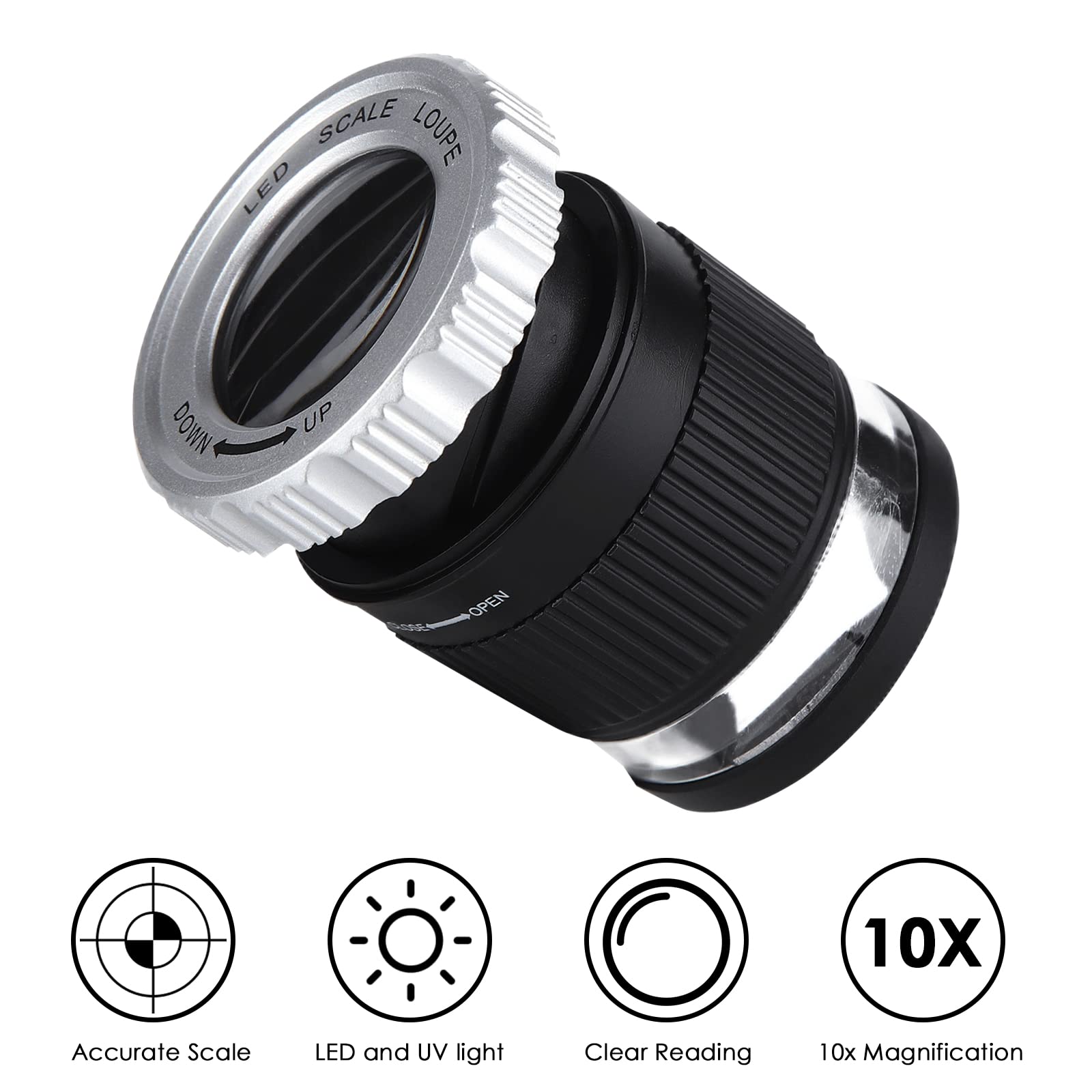 Lente d'ingrandimento 10X - LED illuminato, UV illuminato, lunghezza focale regolabile, lente d'ingrandimento per gioielli tessili monete francobolli bordo gemme