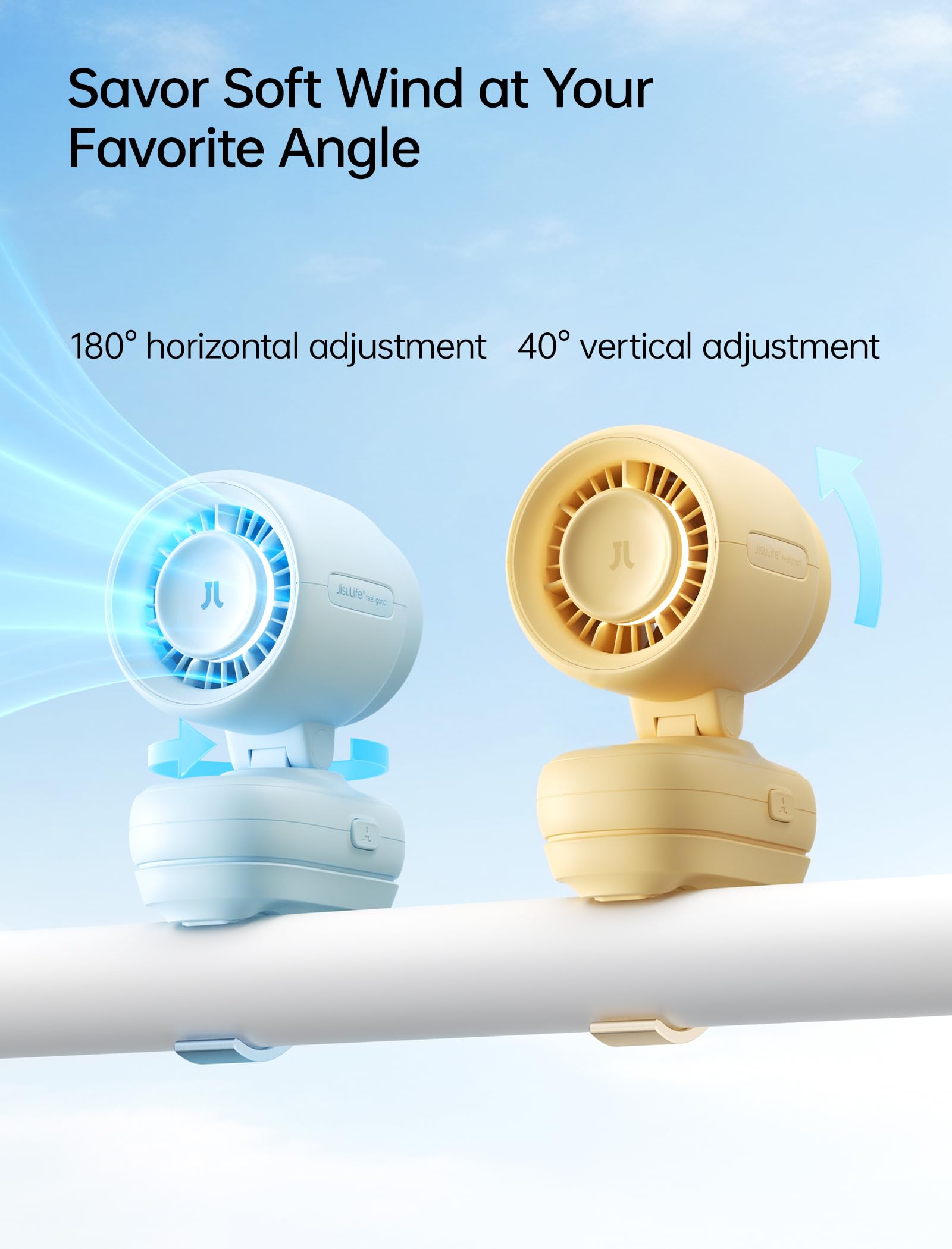 JISULIFE Mini ventilatore a clip per passeggino, portatile a batteria, con luce notturna, 5 velocità, display a LED, staffa flessibile staccabile, sicuro per culla, tapis roulant, viaggio - blu