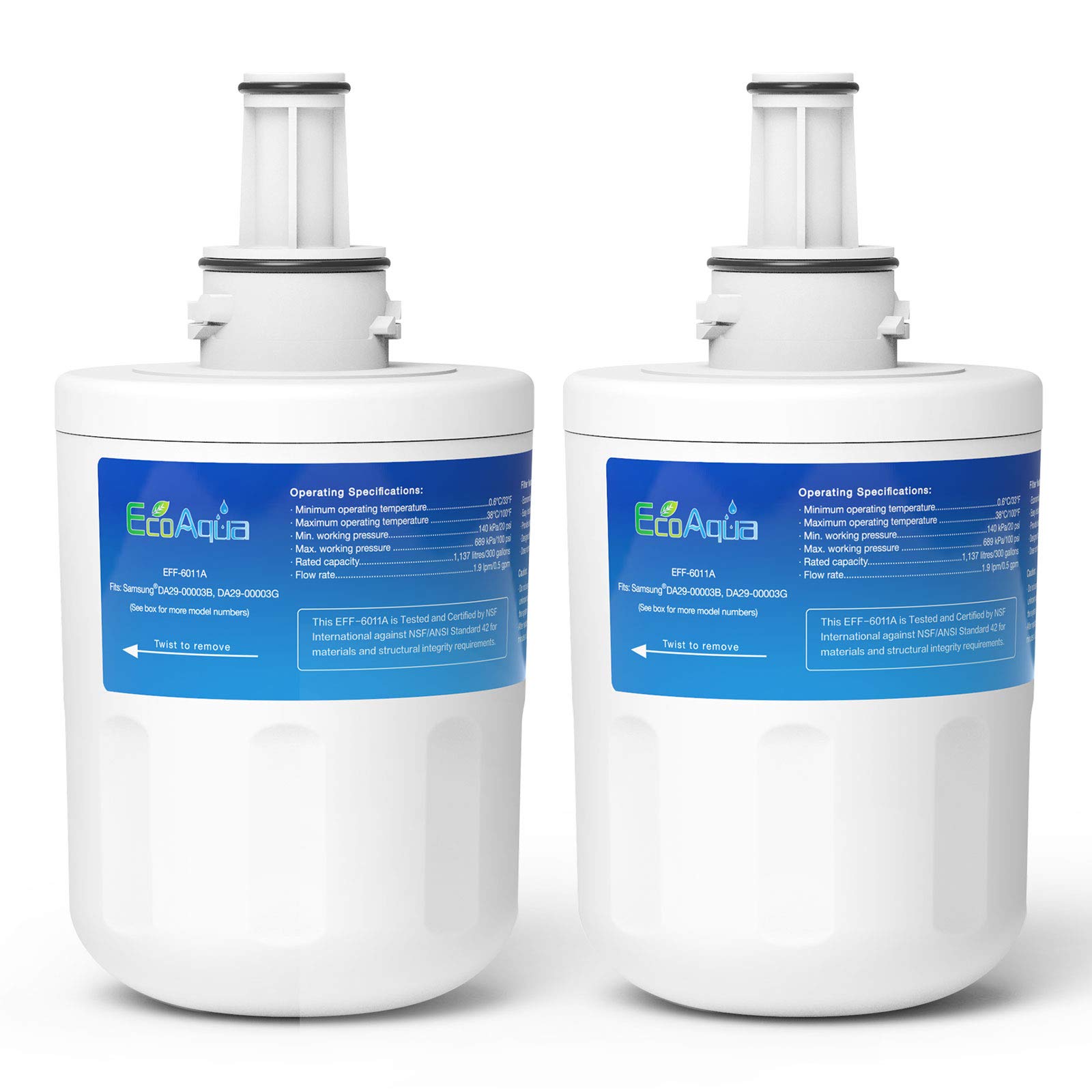 EcoAqua EFF-6011A Fridge Water Filter Compatible with Samsung DA29-00003G, HAFCU1/XAA, HAFIN2/EXP, DA97-06317A, DA29-00003A, DA29-00003B, APP100/1, DA61-00159, SGF-DSB20, WSS-1 (2)