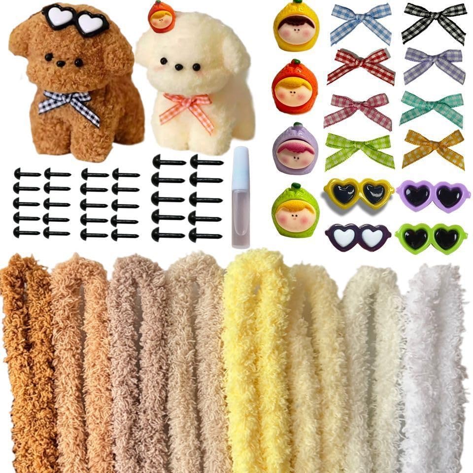 LOSTTYPE 55-teiliges DIY-Bastelset mit 8 Chenilledrähten – Für 8 flauschige Hunde in Erdtönen (Weiß, Creme, Braun usw.) – Inkl. Bastelanleitung, ideal für Anfänger & Geschenk