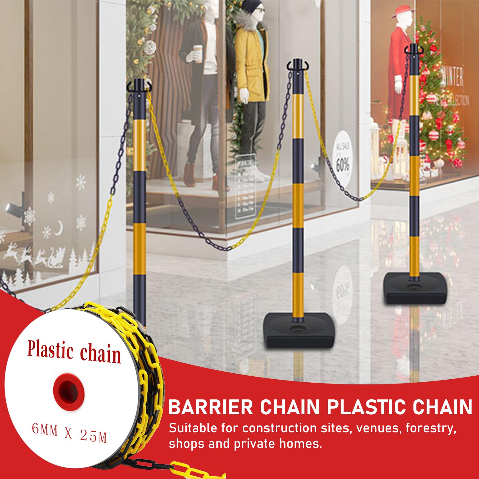 Cadena de Plástico Barrera Ø6mm Negro y Amarillo 25m con 10 Ganchos en S