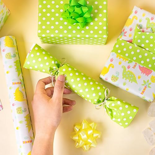Miniatura 7 de WRAPAHOLIC Papel de regalo reversible, mini rollo, 17 pulgadas x 33 pies, diseño de dinosaurio y lunares para cumpleaños de niños, fiestas, baby