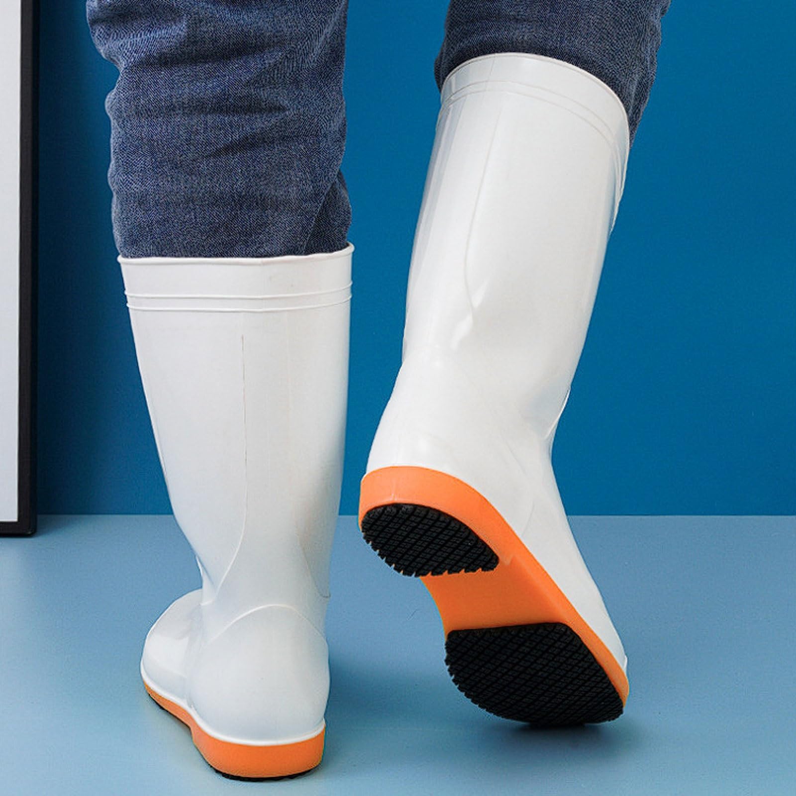 Bottes de Pluie mi-Mollet en PVC for Le Travail Cuisine, Semelles Cuir Vache Super antidérapantes, Chaussures sécurité Respirantes Blanches et Oranges